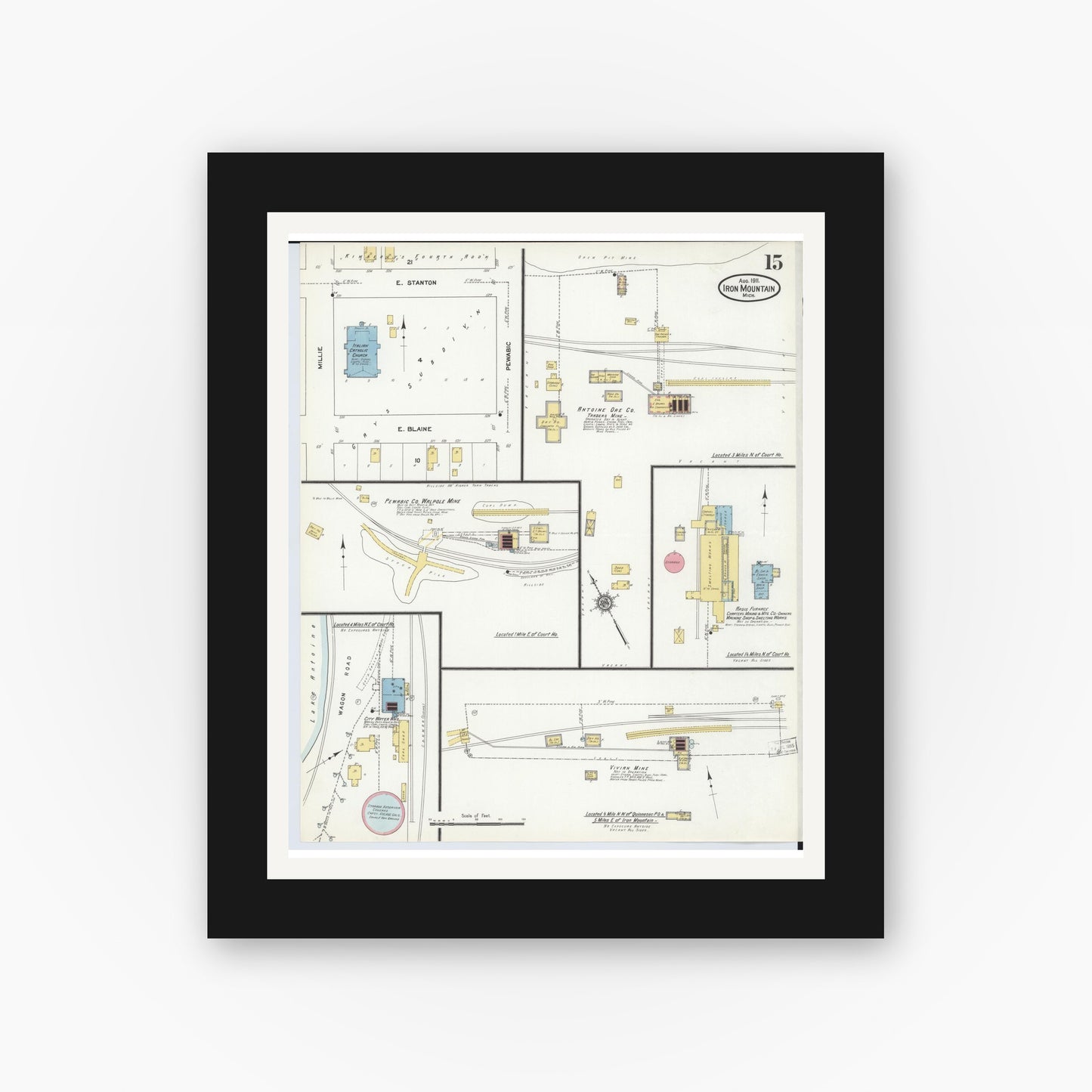 Old map wall art mockup — black gallery frame with white mat — Sanborn Fire Insurance Map from Iron Mountain, Dickinson County, Michigan (1911), Sheet #0015