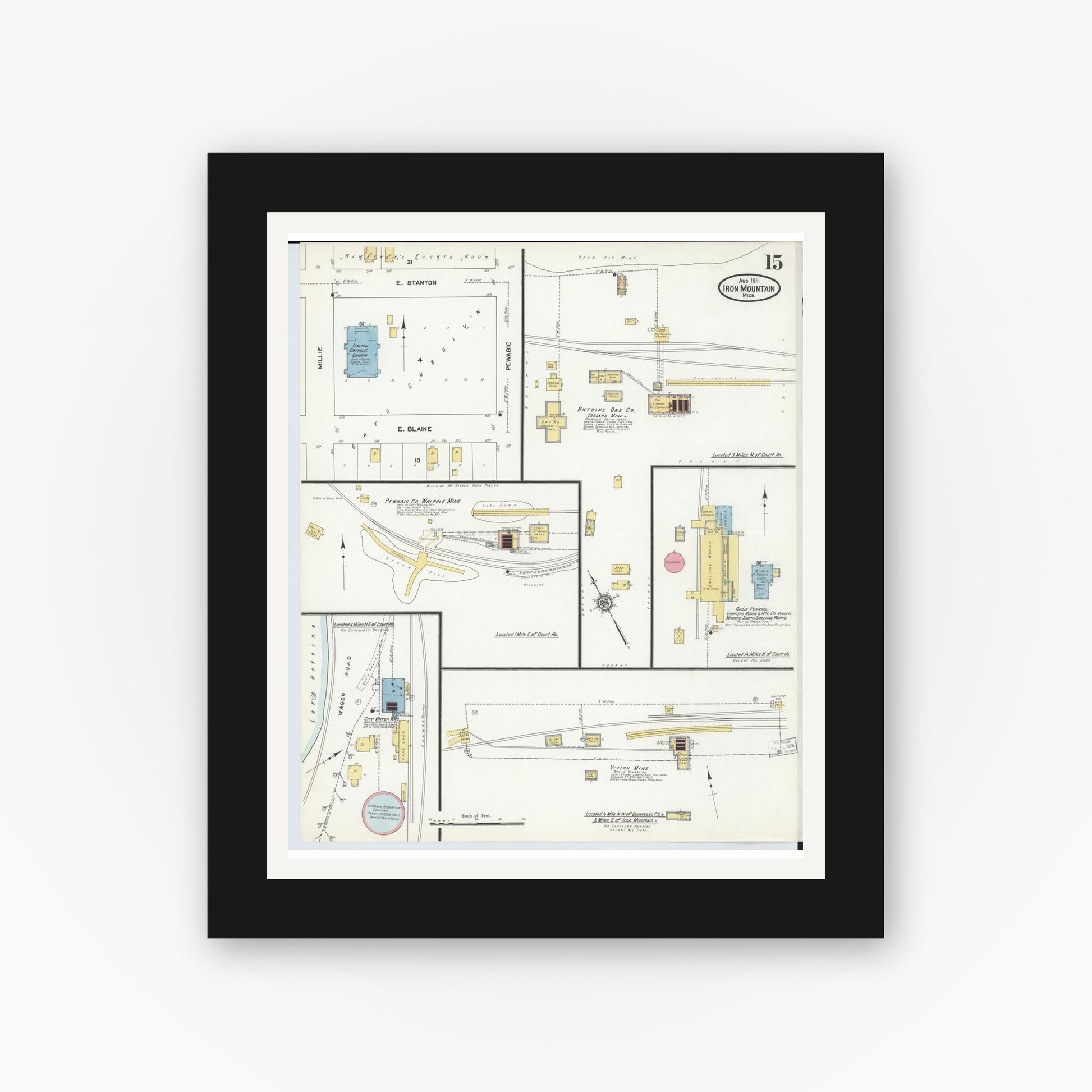 Old map wall art mockup — black gallery frame with white mat — Sanborn Fire Insurance Map from Iron Mountain, Dickinson County, Michigan (1911), Sheet #0015