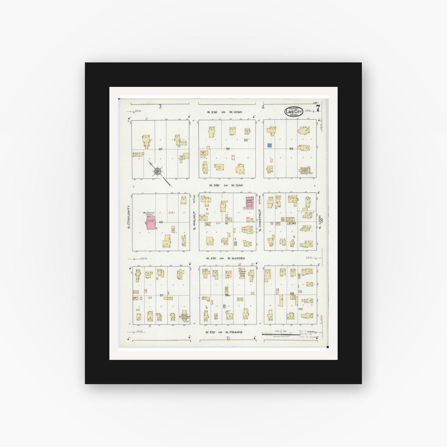 Old map wall art mockup — black gallery frame with white mat — Sanborn Fire Insurance Map from Lake City, Wabasha County, Minnesota (1921), Sheet #0007
