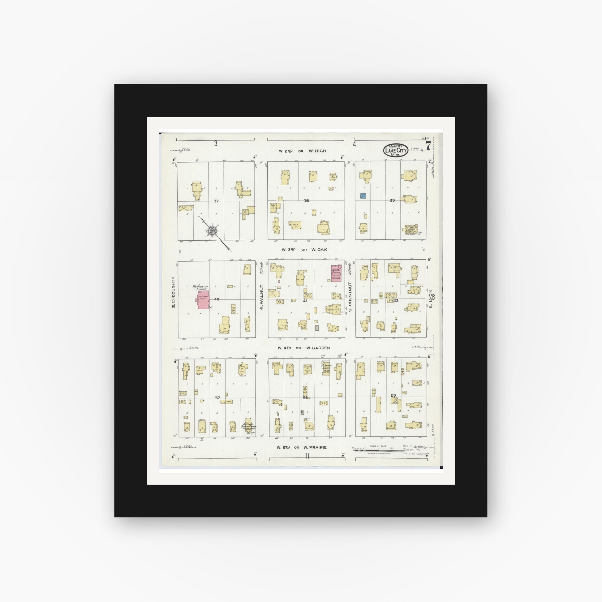 Old map wall art mockup — black gallery frame with white mat — Sanborn Fire Insurance Map from Lake City, Wabasha County, Minnesota (1921), Sheet #0007