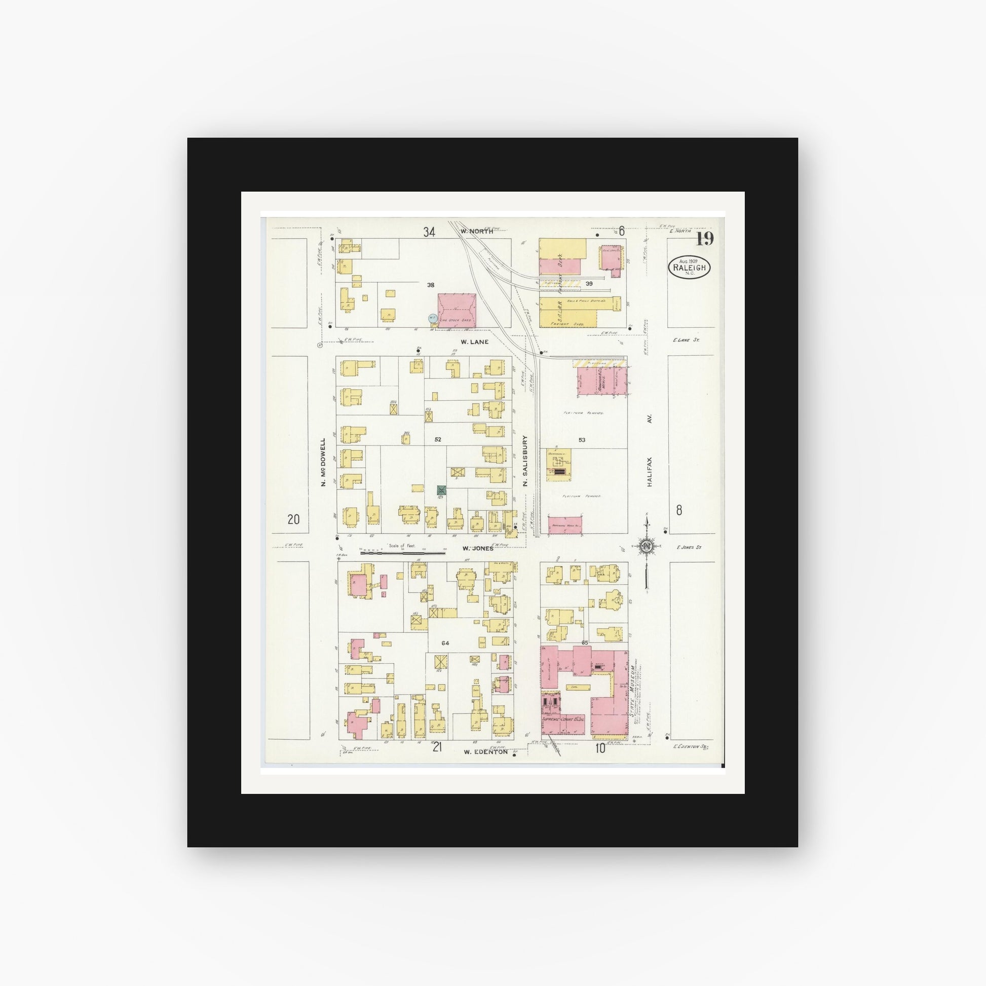 Old map wall art mockup — black gallery frame with white mat — Sanborn Fire Insurance Map from Raleigh, Wake County, North Carolina (1909), Sheet #0019