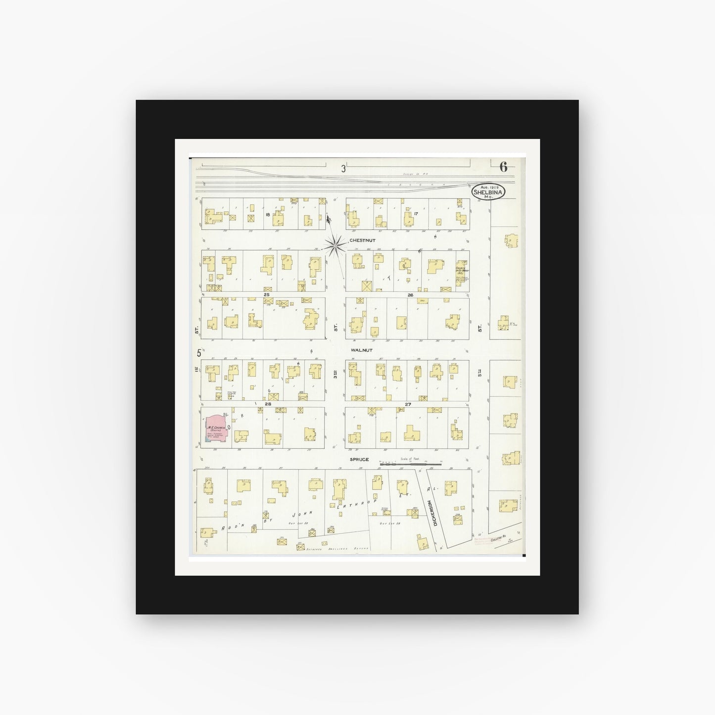 Old map wall art mockup — black gallery frame with white mat — Sanborn Fire Insurance Map from Shelbina, Shelby County, Missouri (1909), Sheet #0006