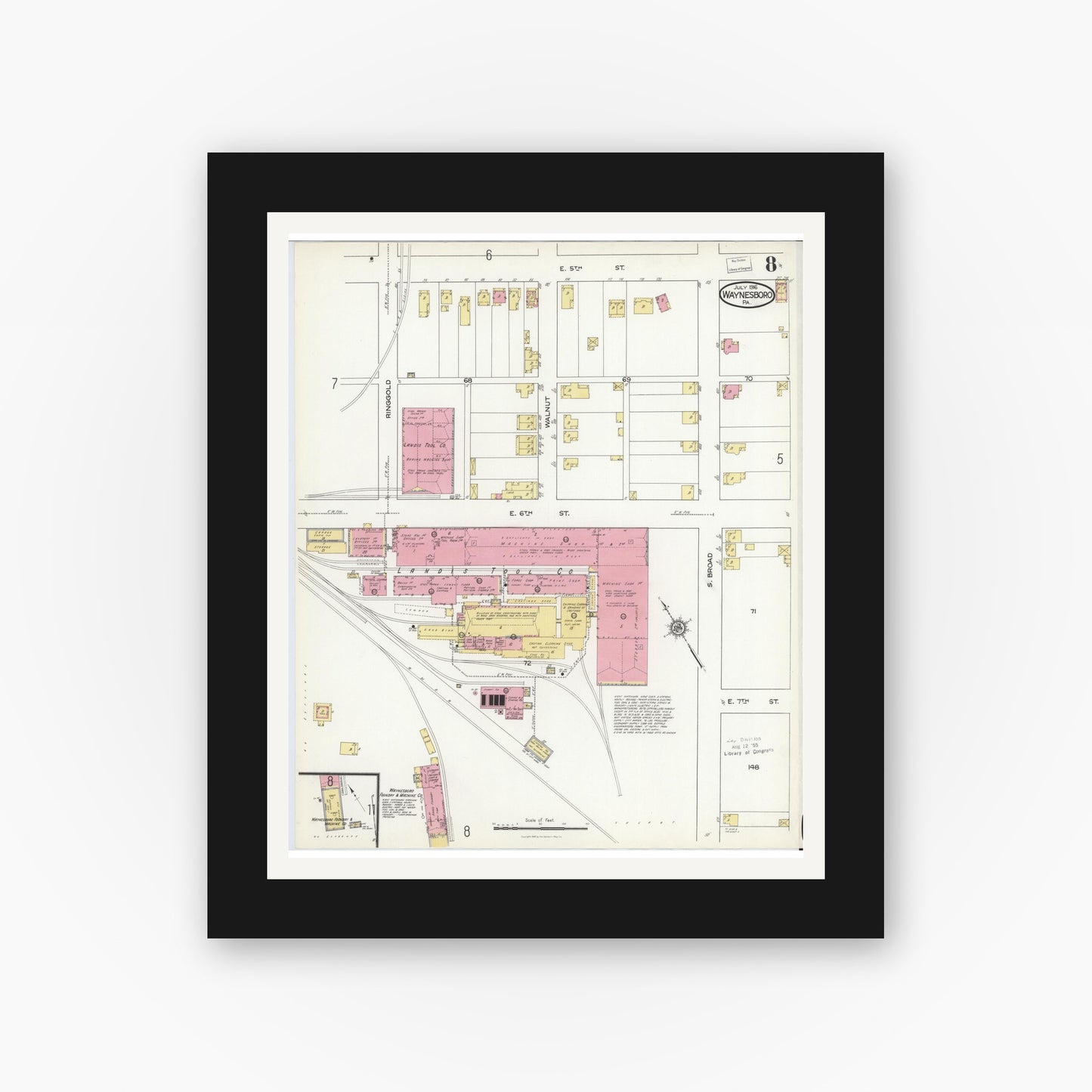 Old map wall art mockup — black gallery frame with white mat — Sanborn Fire Insurance Map from Waynesboro, Franklin County, Pennsylvania (1916), Sheet #0008