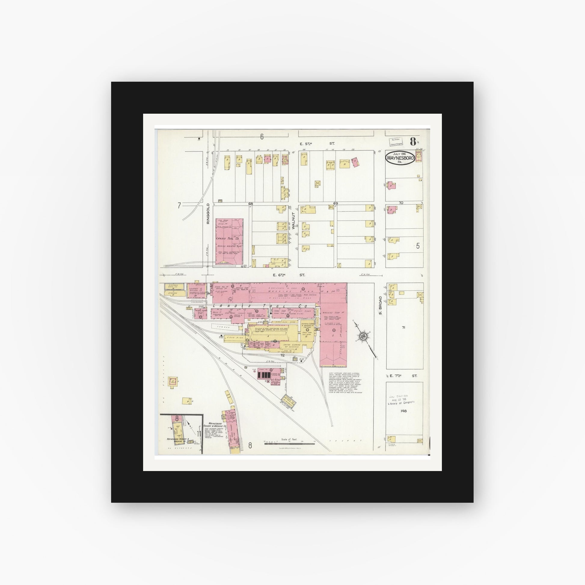 Old map wall art mockup — black gallery frame with white mat — Sanborn Fire Insurance Map from Waynesboro, Franklin County, Pennsylvania (1916), Sheet #0008