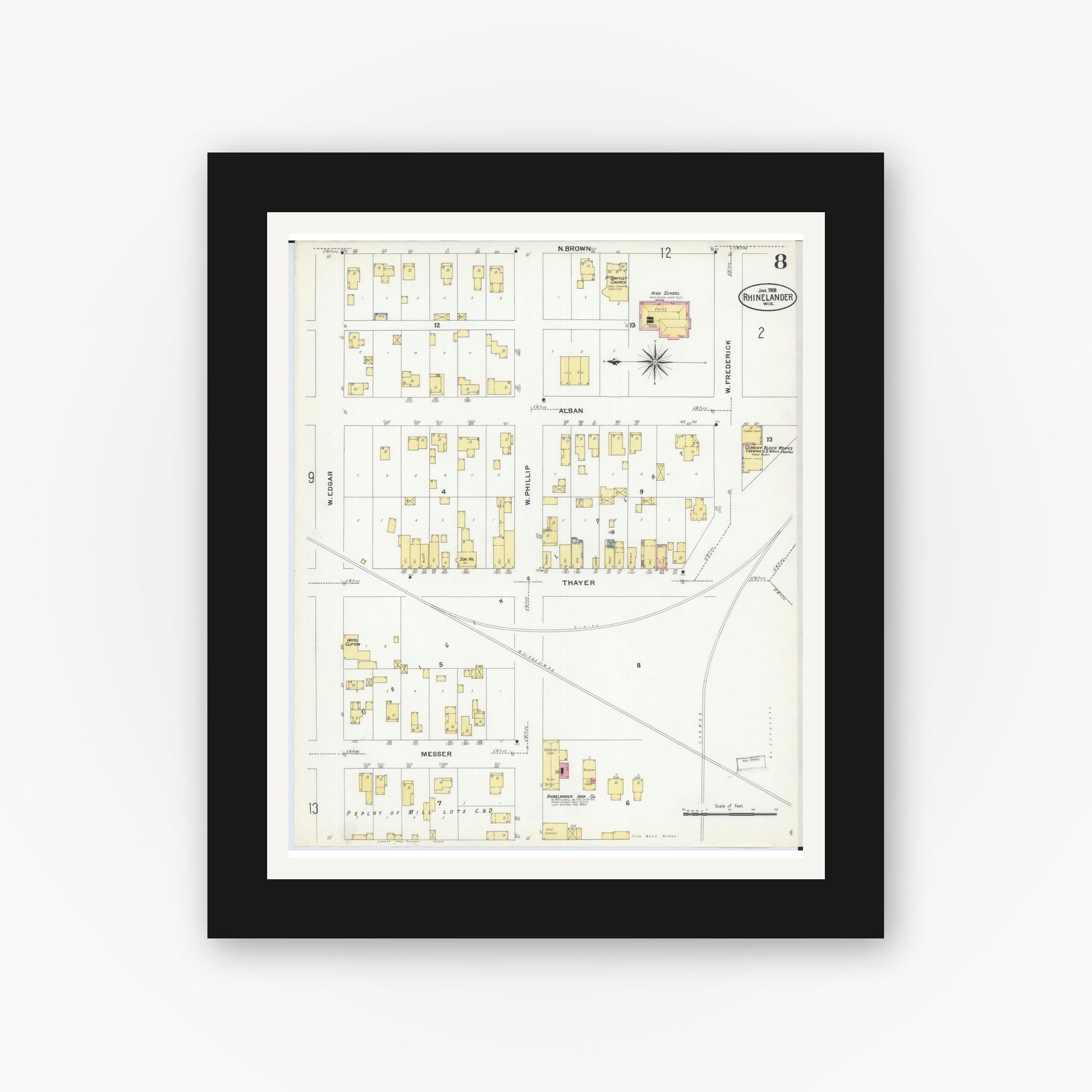 Old map wall art mockup — black gallery frame with white mat — Sanborn Fire Insurance Map from Rhinelander, Oneida County, Wisconsin (1908), Sheet #0008