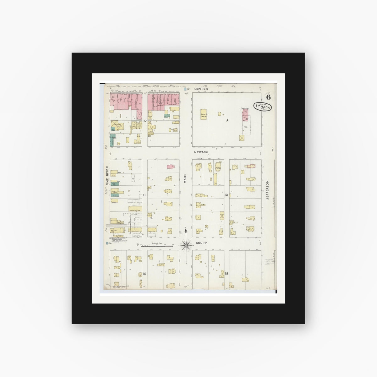 Old map wall art mockup — black gallery frame with white mat — Sanborn Fire Insurance Map from Ithaca, Gratiot County, Michigan (1891), Sheet #0006