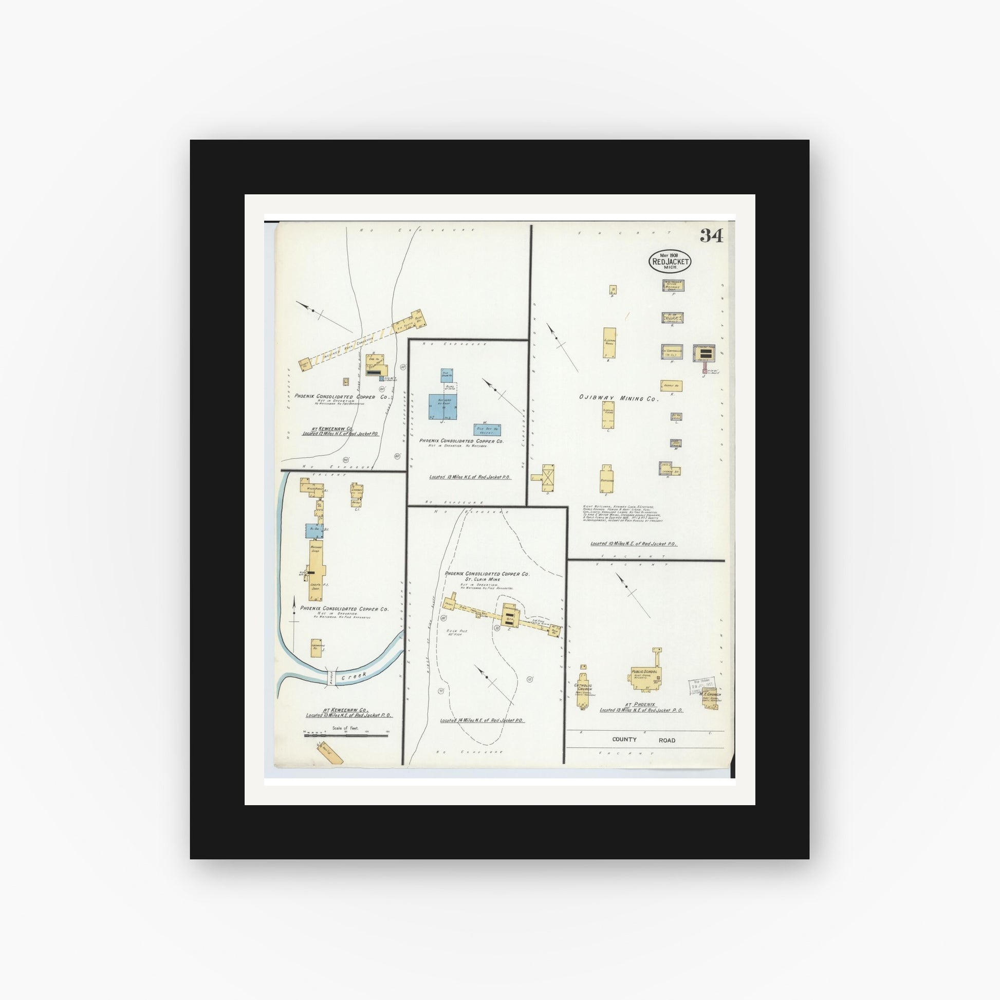 Old map wall art mockup — black gallery frame with white mat — Sanborn Fire Insurance Map from Red Jacket, Houghton County, Michigan (1908), Sheet #0034