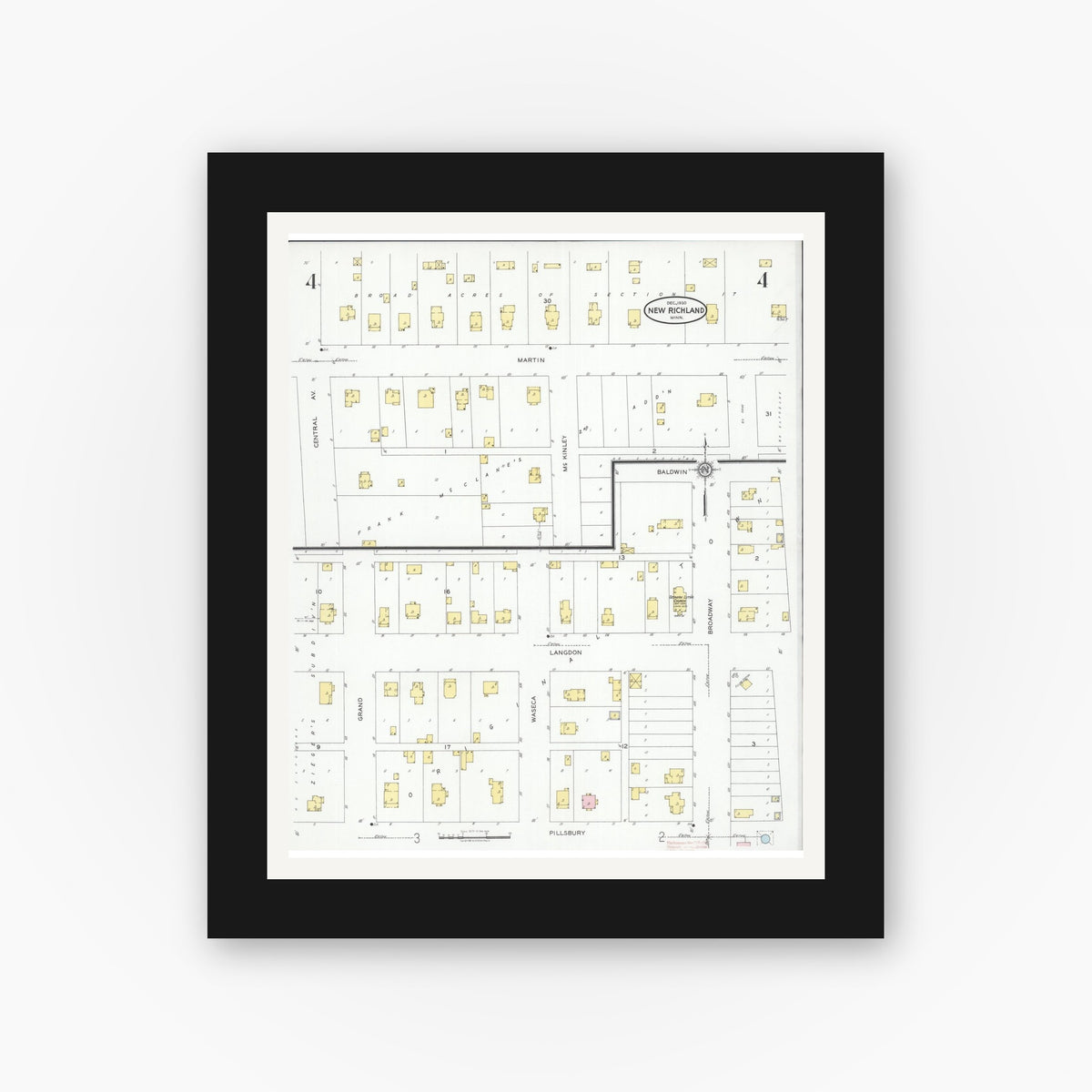 Old map wall art mockup — black gallery frame with white mat — Sanborn Fire Insurance Map from New Richland, Waseca County, Minnesota (1930), Sheet #0004
