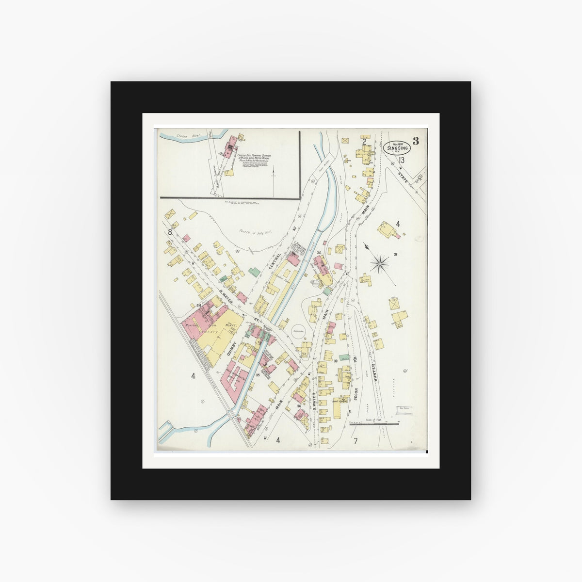 Old map wall art mockup — black gallery frame with white mat — Sanborn Fire Insurance Map from Sing Sing, Westchester County, New York (1897), Sheet #0003