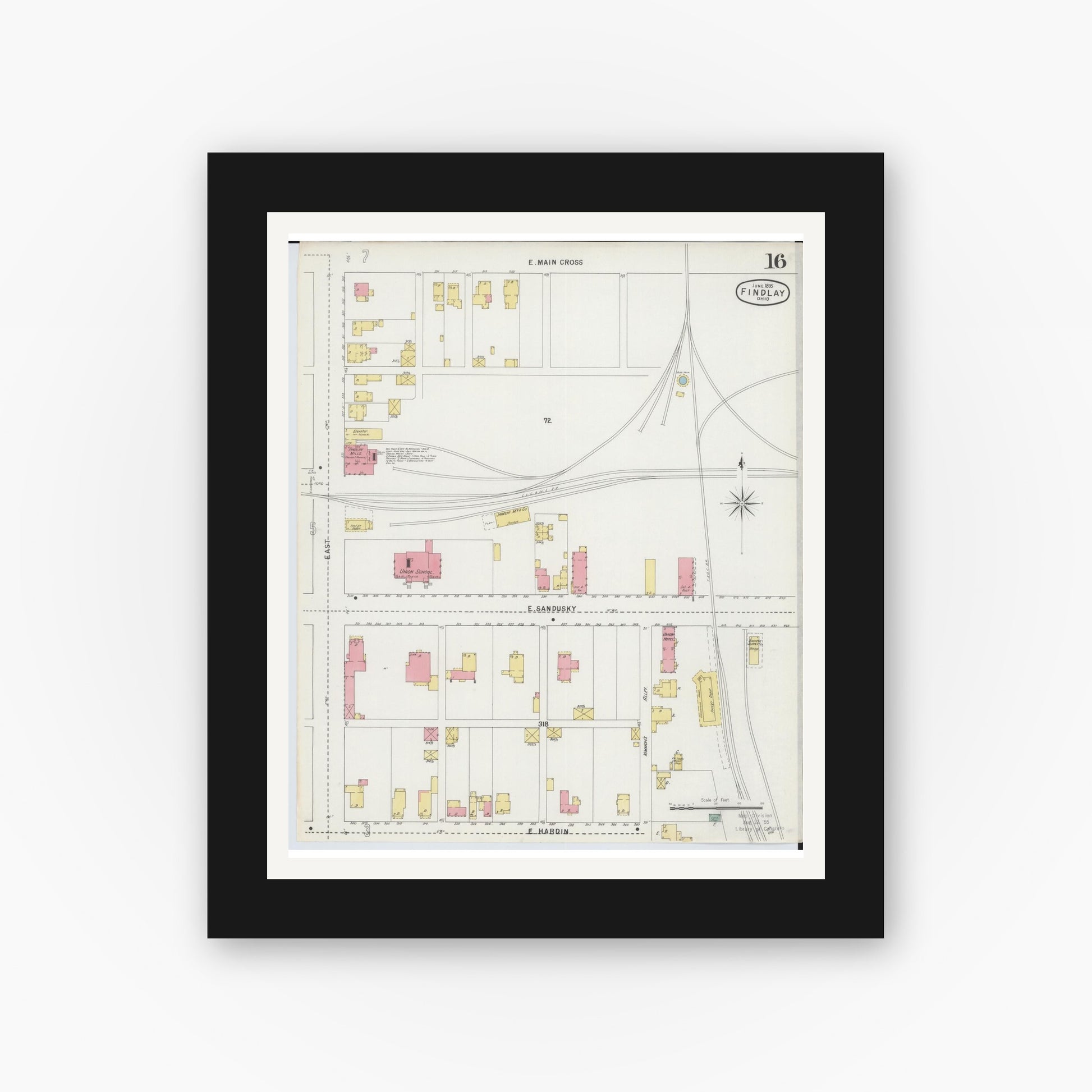 Old map wall art mockup — black gallery frame with white mat — Sanborn Fire Insurance Map from Findlay, Hancock County, Ohio (1895), Sheet #0016
