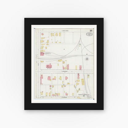 Old map wall art mockup — black gallery frame with white mat — Sanborn Fire Insurance Map from Findlay, Hancock County, Ohio (1895), Sheet #0016