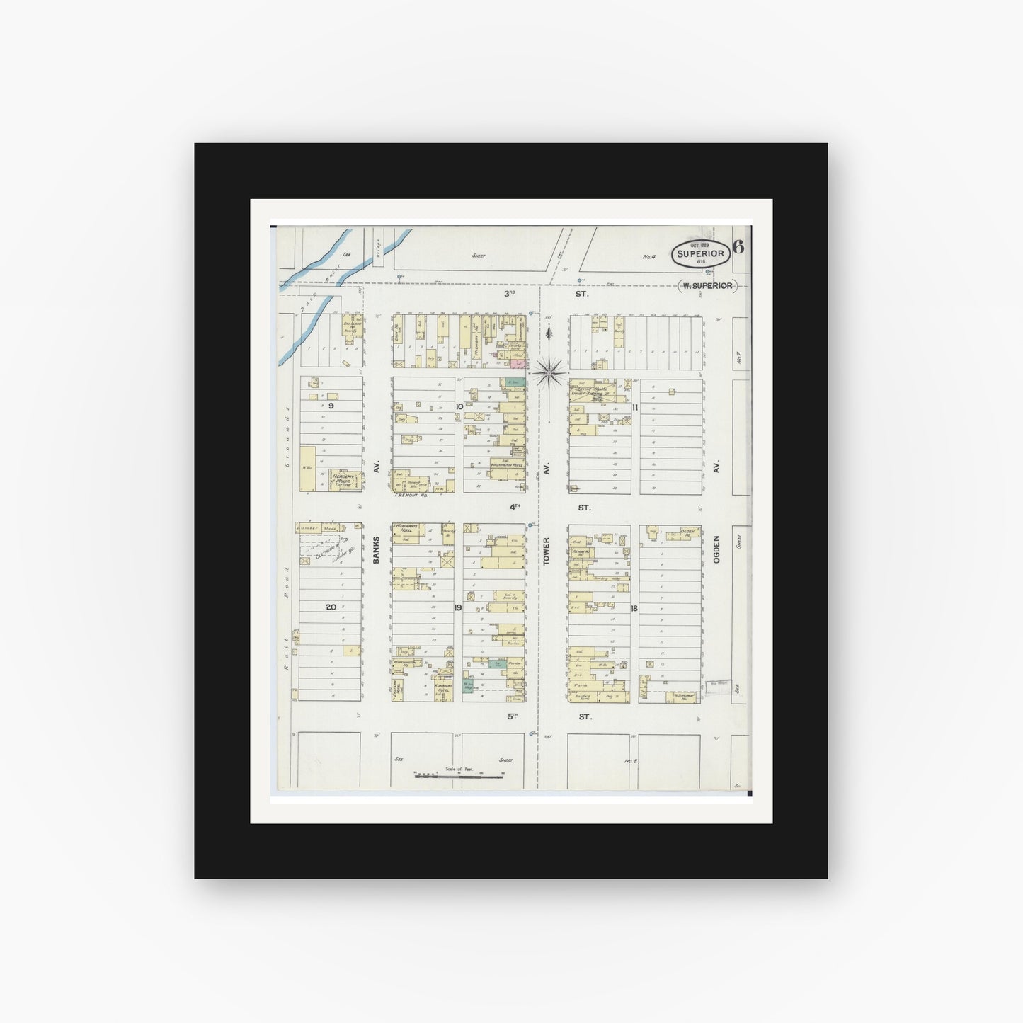 Old map wall art mockup — black gallery frame with white mat — Sanborn Fire Insurance Map from Superior, Douglas County, Wisconsin (1889), Sheet #0006