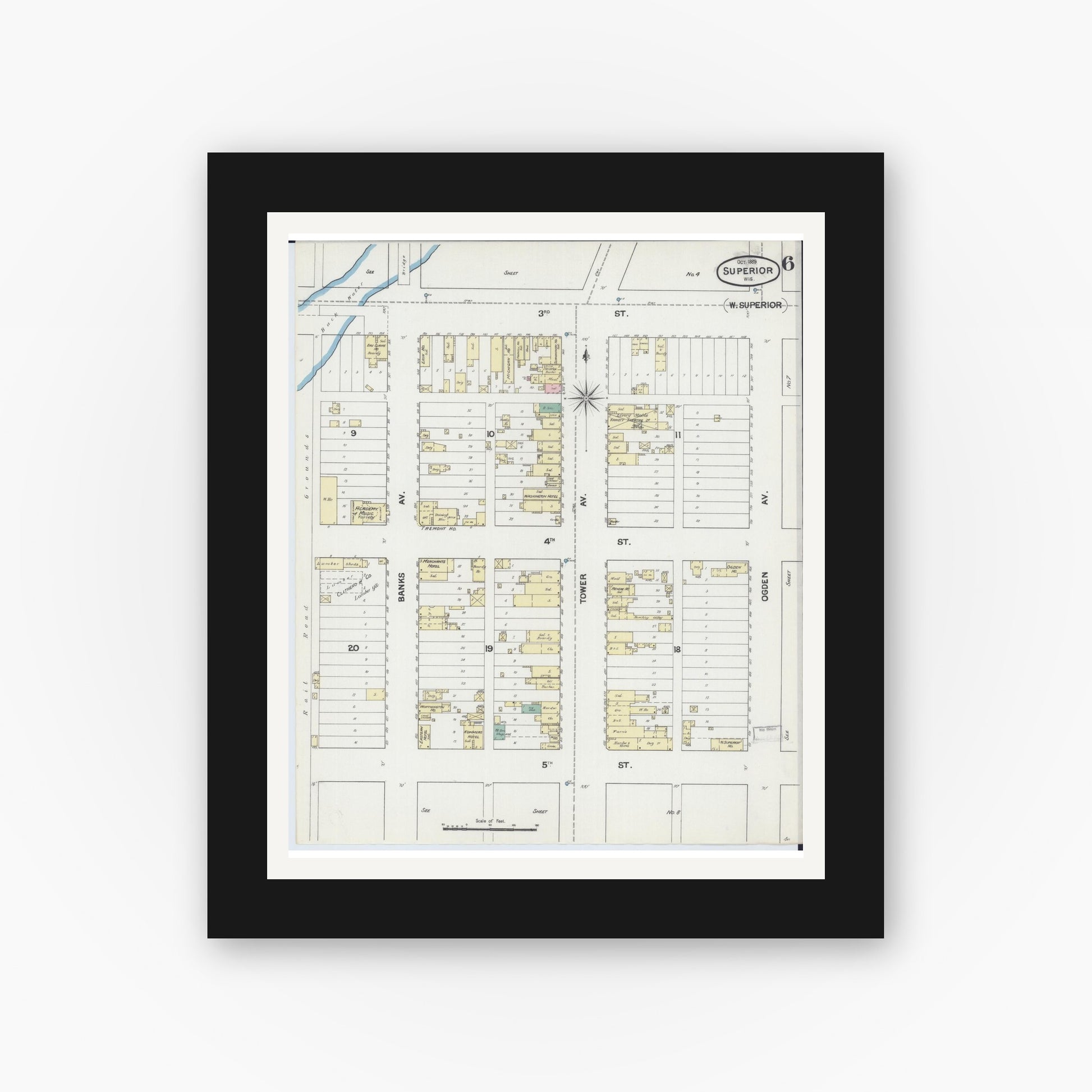 Old map wall art mockup — black gallery frame with white mat — Sanborn Fire Insurance Map from Superior, Douglas County, Wisconsin (1889), Sheet #0006