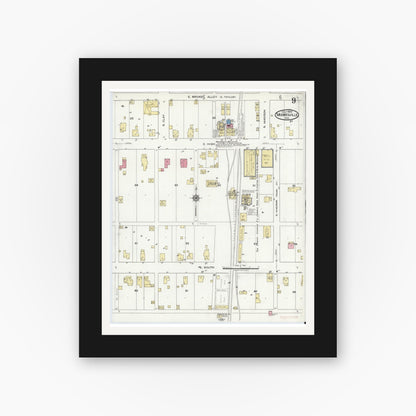 Old map wall art mockup — black gallery frame with white mat — Sanborn Fire Insurance Map from Mooresville, Morgan County, Indiana (1920), Sheet #0009