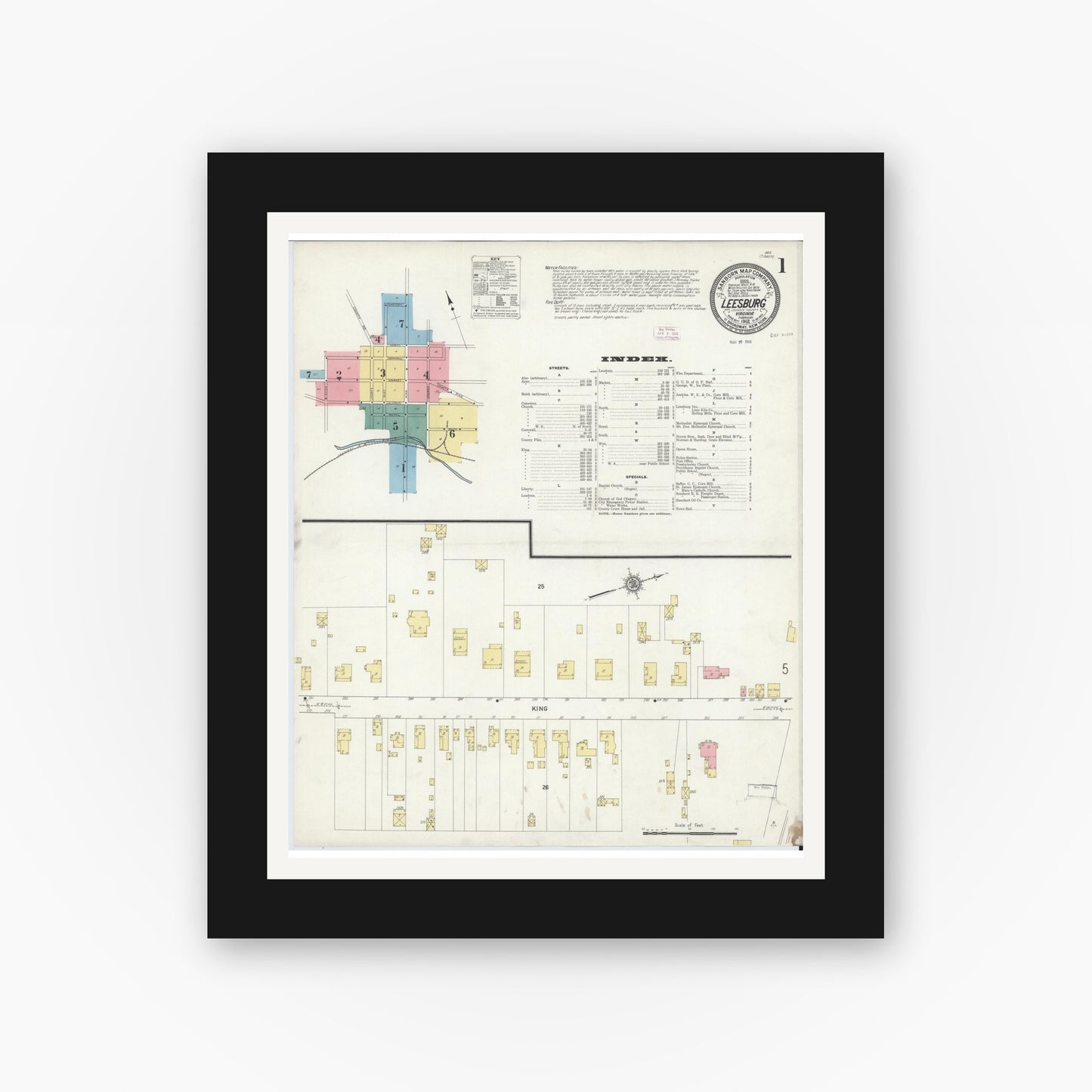 Old map wall art mockup — black gallery frame with white mat — Sanborn Fire Insurance Map from Leesburg, Loudoun County, Virginia (1912), Sheet #0001