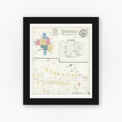 Old map wall art mockup — black gallery frame with white mat — Sanborn Fire Insurance Map from Leesburg, Loudoun County, Virginia (1912), Sheet #0001