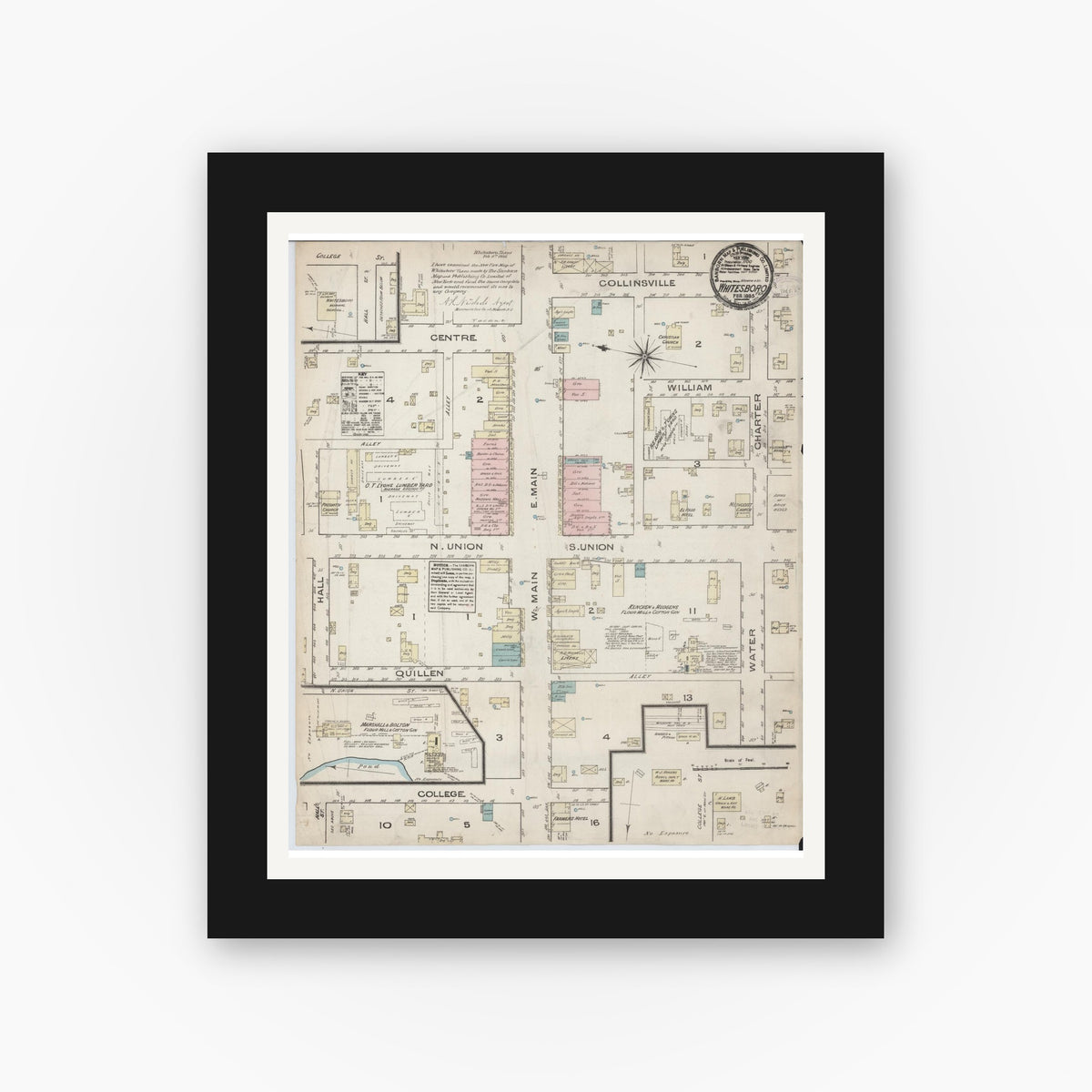 Old map wall art mockup — black gallery frame with white mat — Sanborn Fire Insurance Map from Whitesboro, Grayson County, Texas (1885), Sheet #0001
