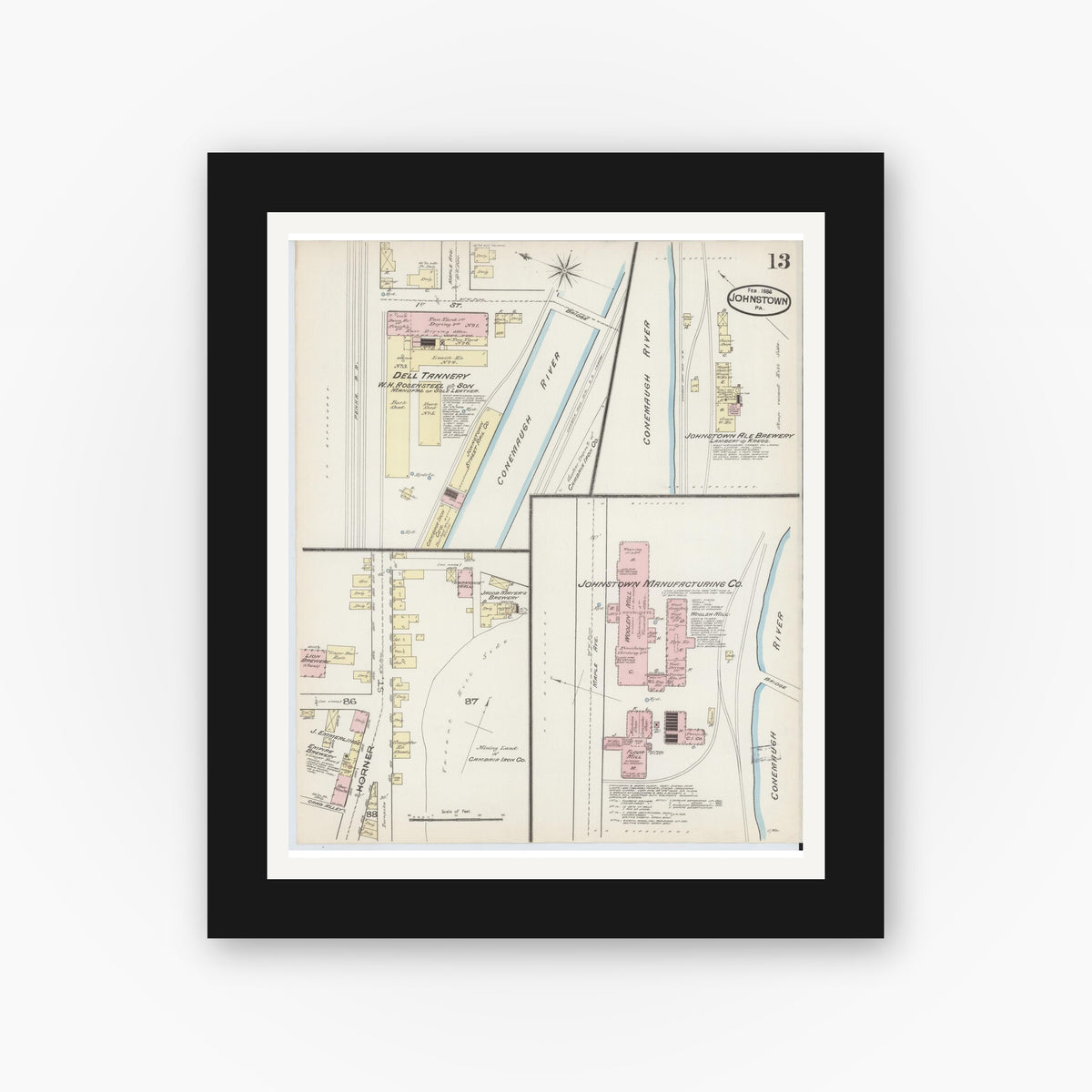 Old map wall art mockup — black gallery frame with white mat — Sanborn Fire Insurance Map from Johnstown, Cambria County, Pennsylvania (1886), Sheet #0013