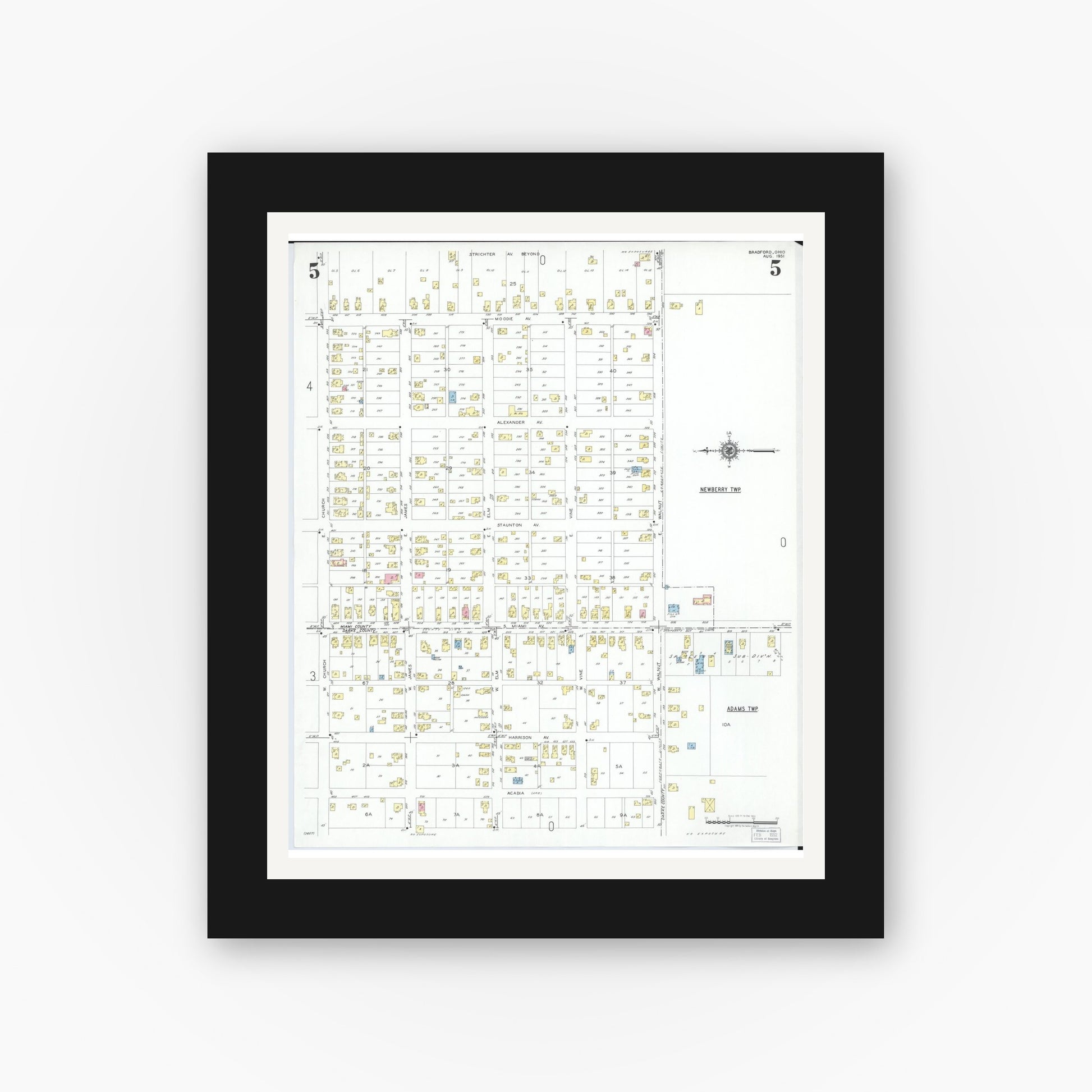 Old map wall art mockup — black gallery frame with white mat — Sanborn Fire Insurance Map from Bradford, Darke and Miami Counties, Ohio (1951), Sheet #0005