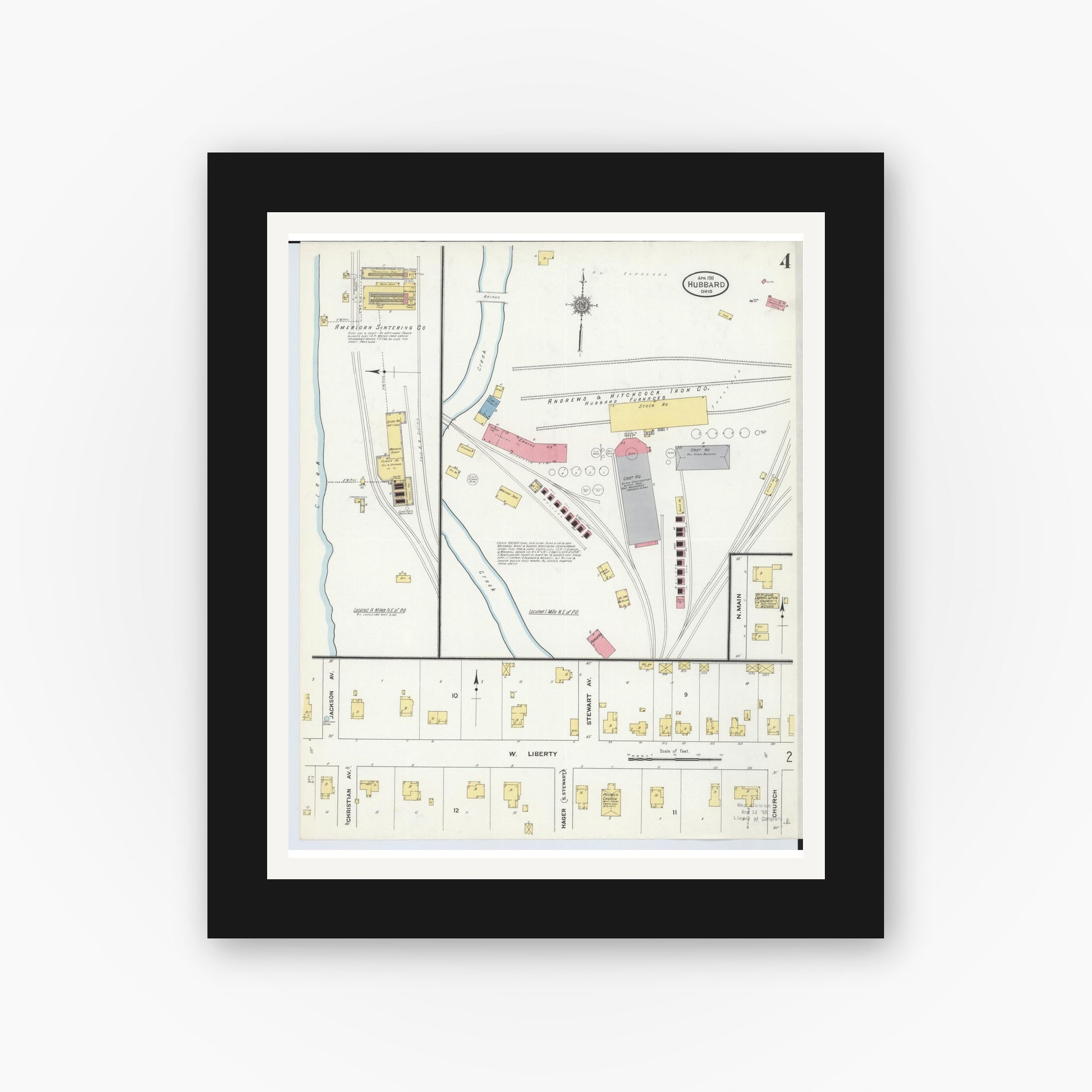 Old map wall art mockup — black gallery frame with white mat — Sanborn Fire Insurance Map from Hubbard, Trumbull County, Ohio (1911), Sheet #0004