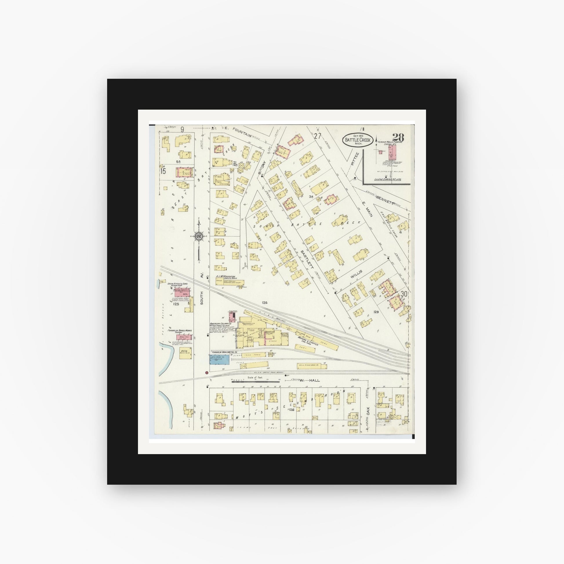 Old map wall art mockup — black gallery frame with white mat — Sanborn Fire Insurance Map from Battle Creek, Calhoun County, Michigan (1913), Sheet #0028