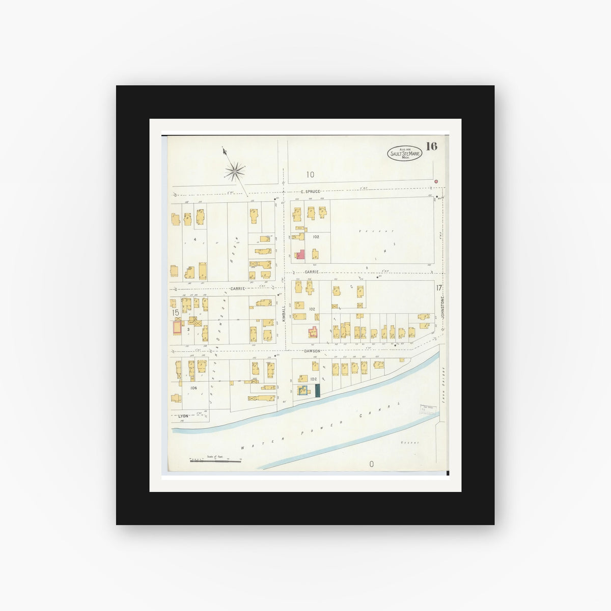 Old map wall art mockup — black gallery frame with white mat — Sanborn Fire Insurance Map from Sault Sainte Marie, Chippewa County, Michigan (1906), Sheet #0016