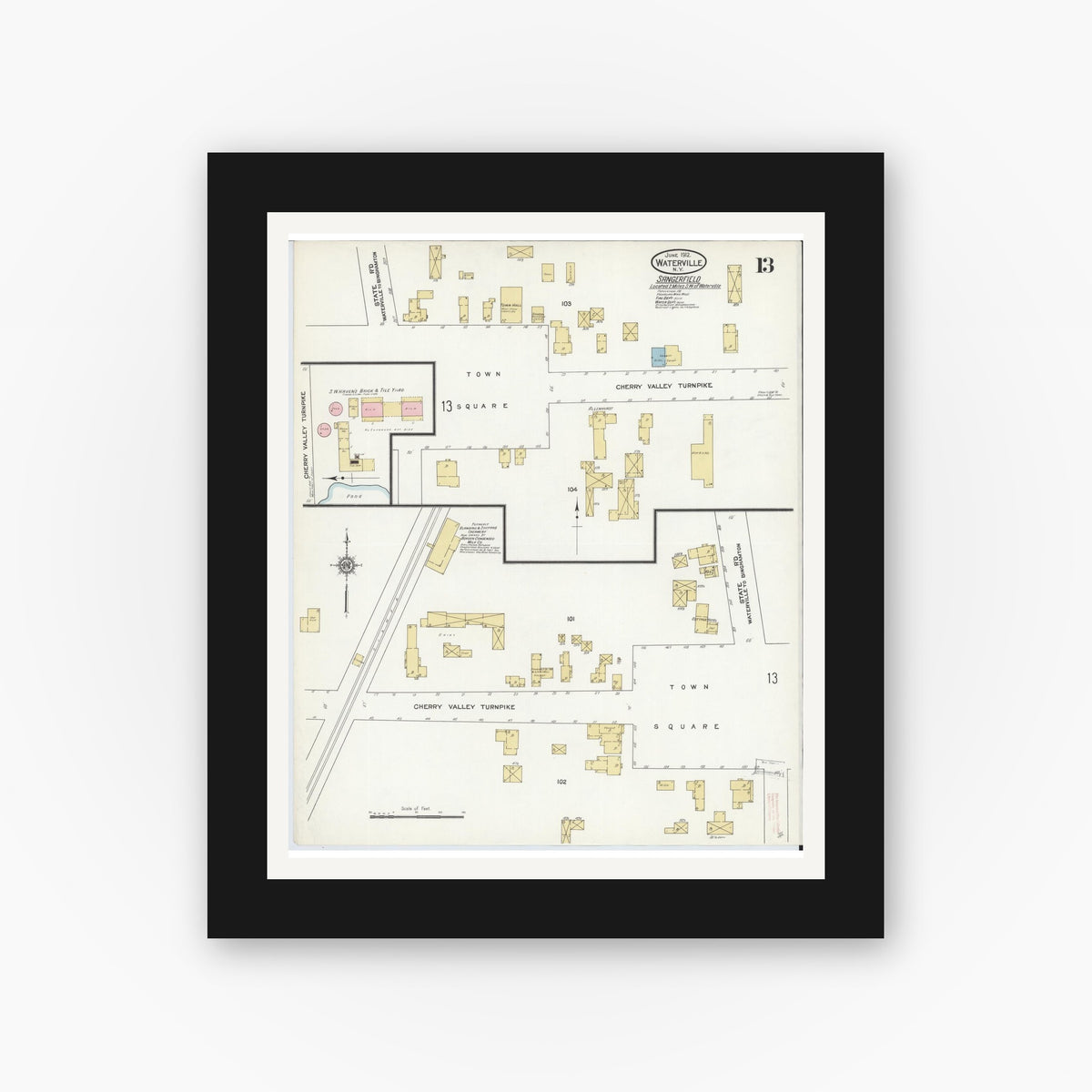 Old map wall art mockup — black gallery frame with white mat — Sanborn Fire Insurance Map from Waterville, Oneida County, New York (1912), Sheet #0013