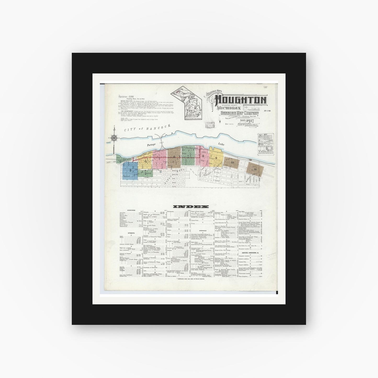 Old map wall art mockup — black gallery frame with white mat — Sanborn Fire Insurance Map from Houghton, Houghton County, Michigan (1917) - Complete Map Set