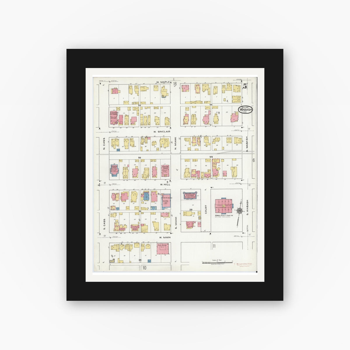 Old map wall art mockup — black gallery frame with white mat — Sanborn Fire Insurance Map from Wabash, Wabash County, Indiana (1920), Sheet #0005