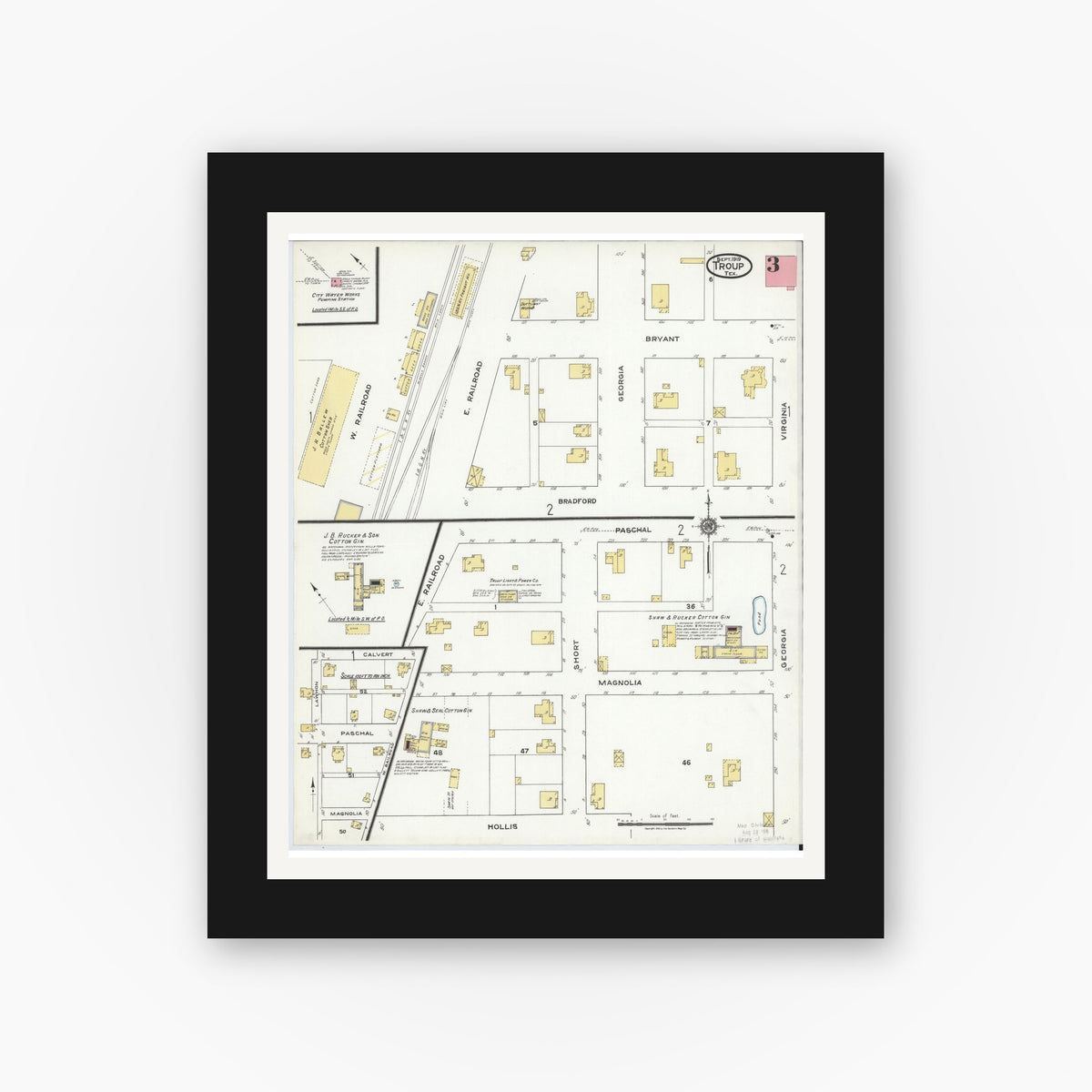 Old map wall art mockup — black gallery frame with white mat — Sanborn Fire Insurance Map from Troup, Smith County, Texas (1919), Sheet #0003
