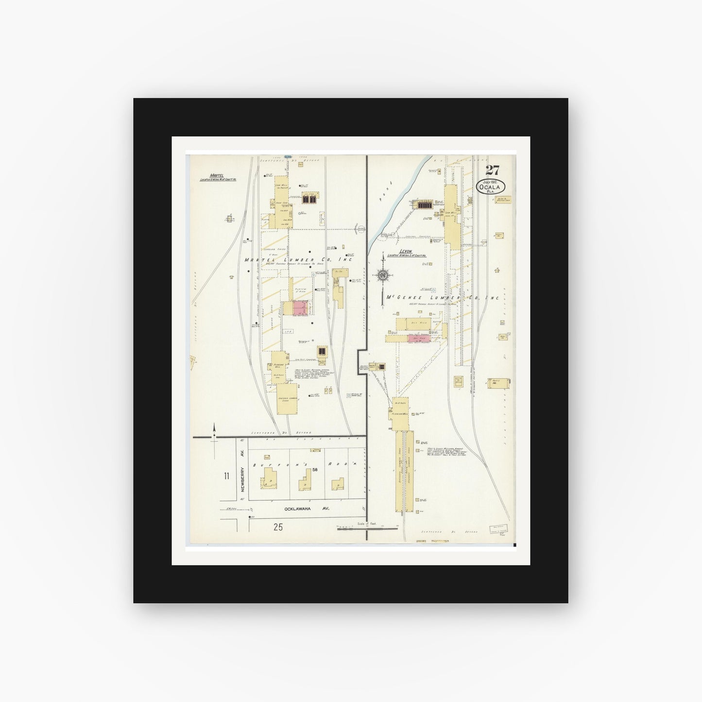 Old map wall art mockup — black gallery frame with white mat — Sanborn Fire Insurance Map from Ocala, Marion County, Florida (1912), Sheet #0027