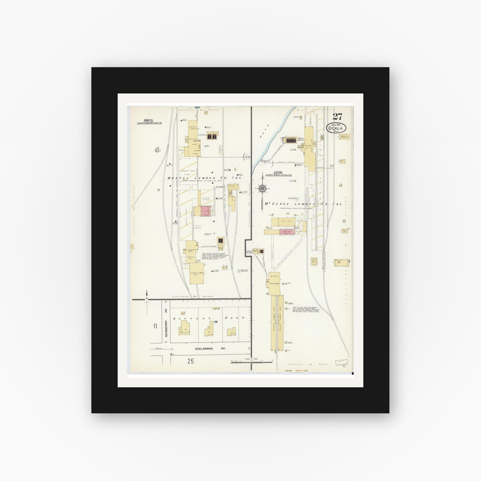 Old map wall art mockup — black gallery frame with white mat — Sanborn Fire Insurance Map from Ocala, Marion County, Florida (1912), Sheet #0027