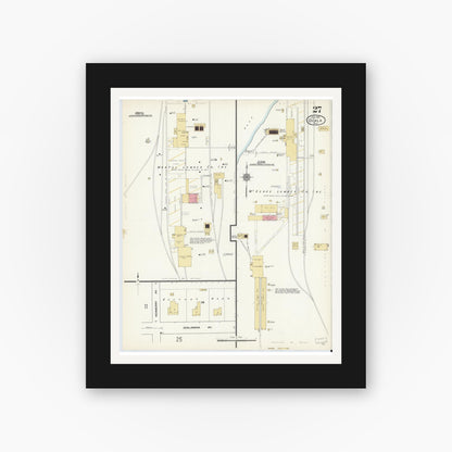 Old map wall art mockup — black gallery frame with white mat — Sanborn Fire Insurance Map from Ocala, Marion County, Florida (1912), Sheet #0027