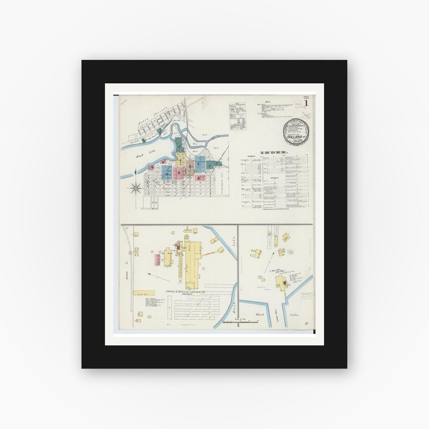 Old map wall art mockup — black gallery frame with white mat — Sanborn Fire Insurance Map from Holland, Ottawa County, Michigan (1893) - Complete Map Set