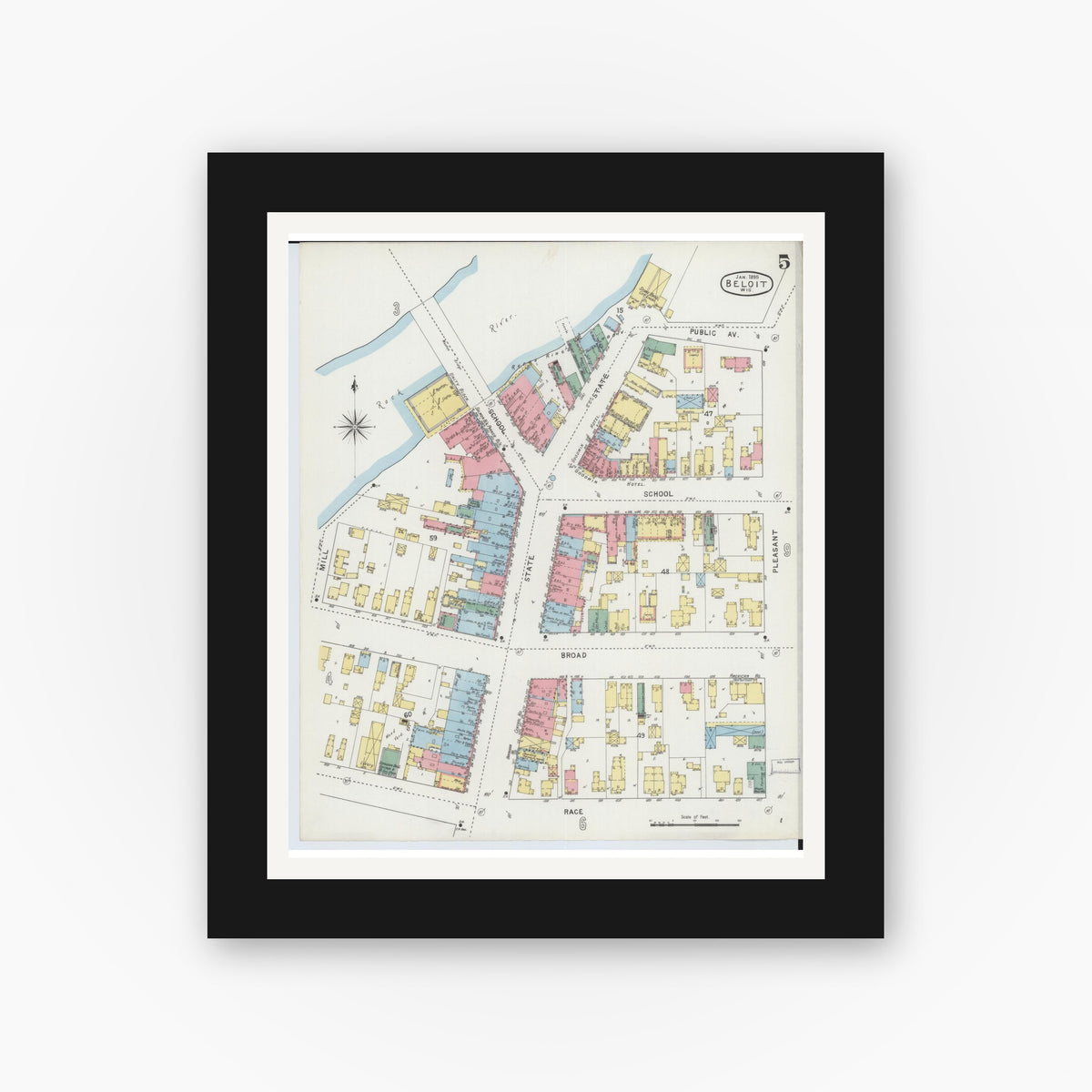 Old map wall art mockup — black gallery frame with white mat — Sanborn Fire Insurance Map from Beloit, Rock County, Wisconsin (1895), Sheet #0005