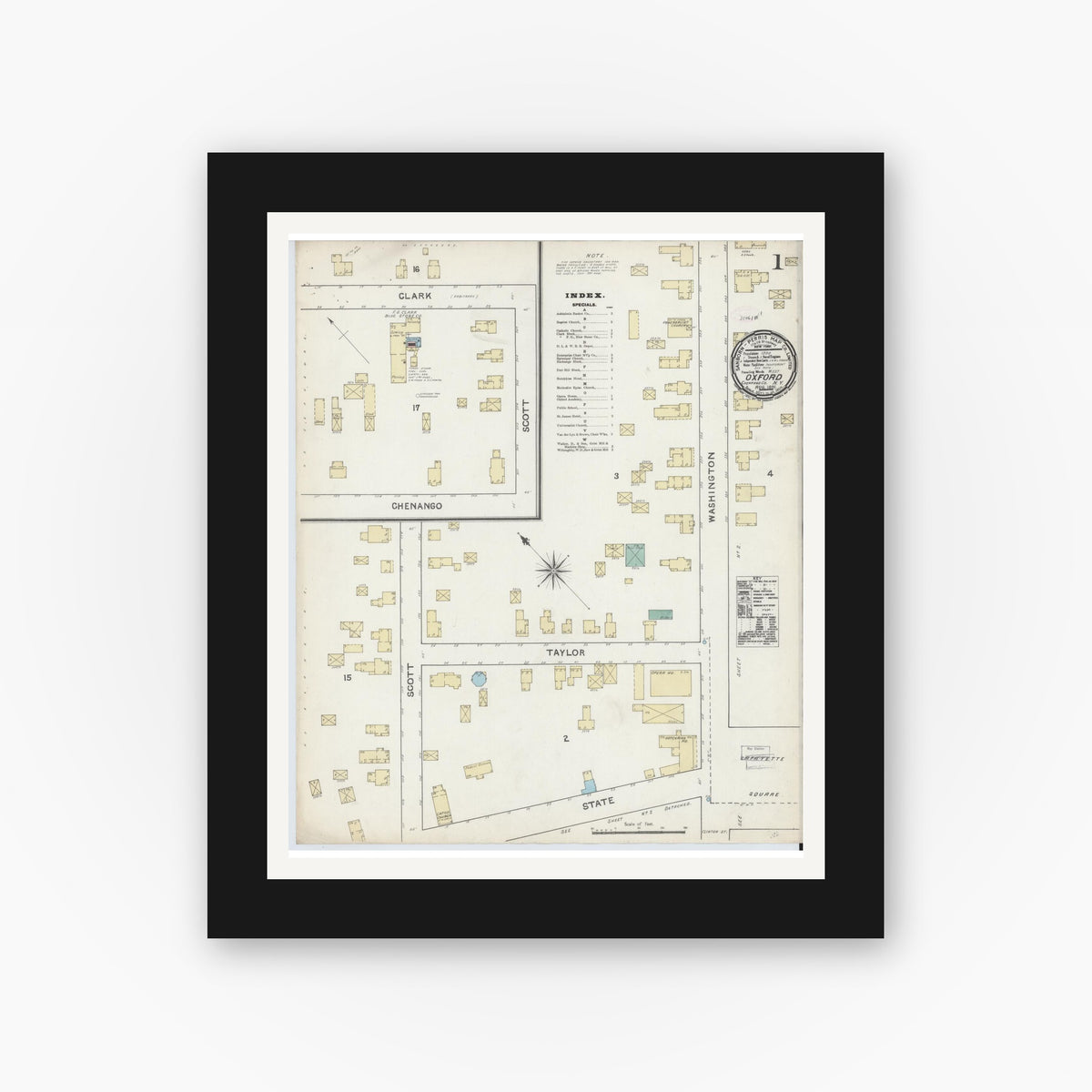 Old map wall art mockup — black gallery frame with white mat — Sanborn Fire Insurance Map from Oxford, Chenango County, New York (1891) - Complete Map Set