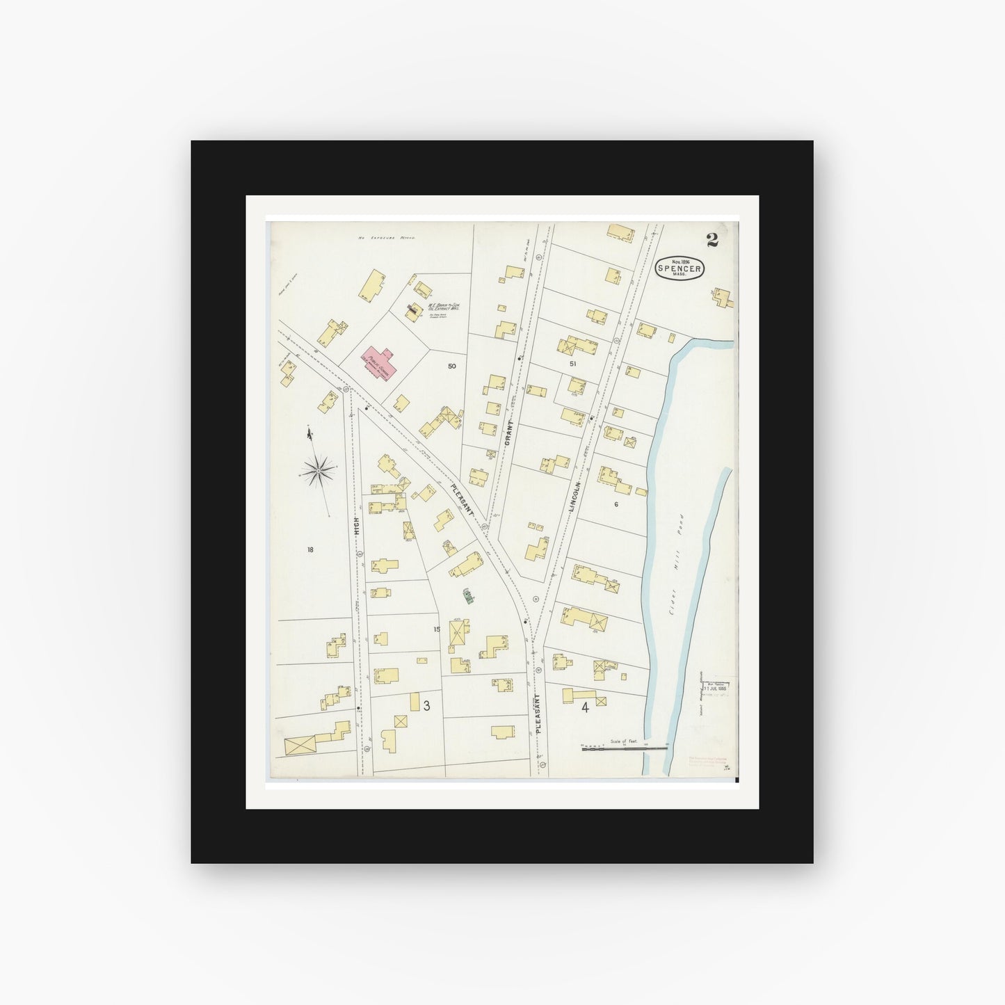 Old map wall art mockup — black gallery frame with white mat — Sanborn Fire Insurance Map from Spencer, Worcester County, Massachusetts (1896), Sheet #0002