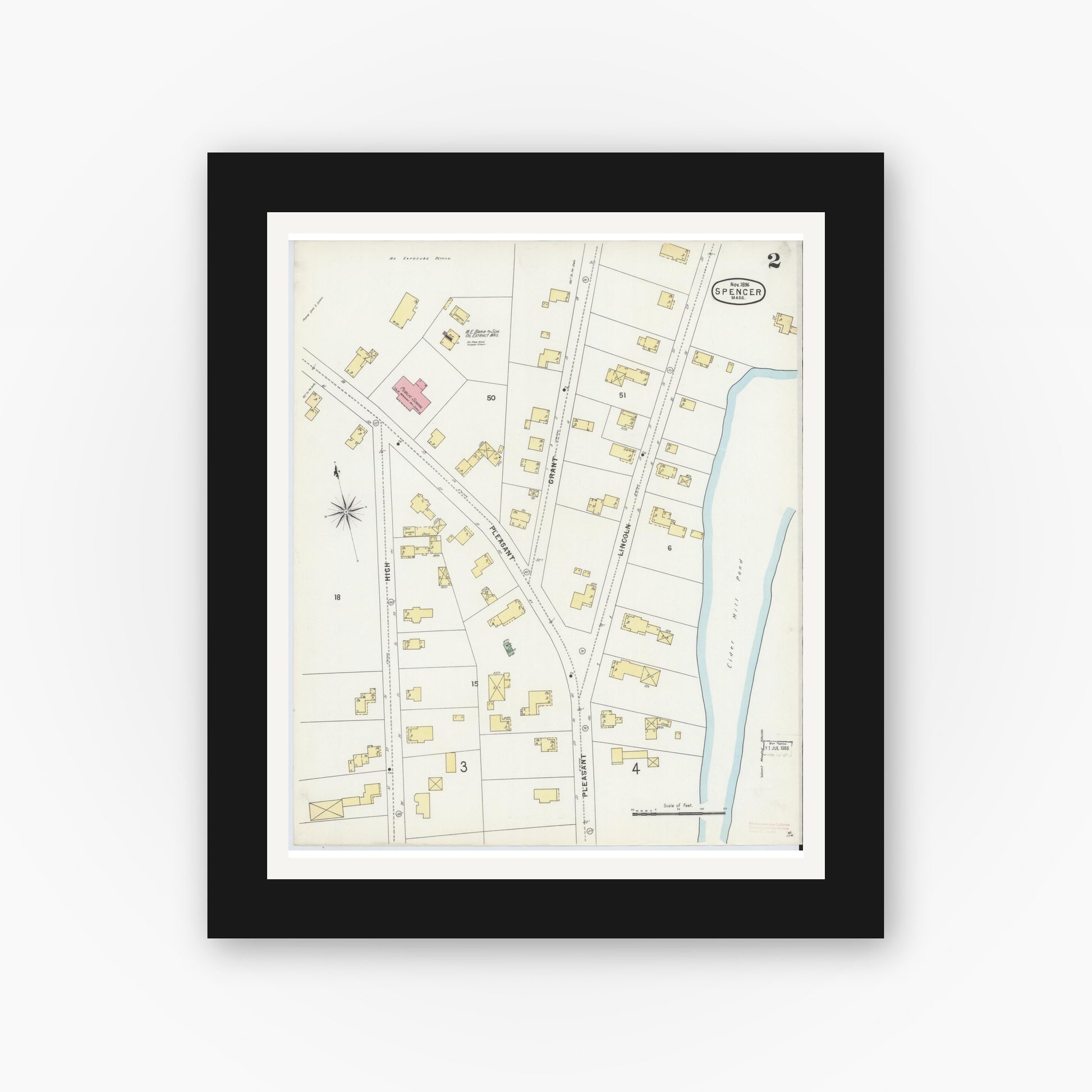 Old map wall art mockup — black gallery frame with white mat — Sanborn Fire Insurance Map from Spencer, Worcester County, Massachusetts (1896), Sheet #0002