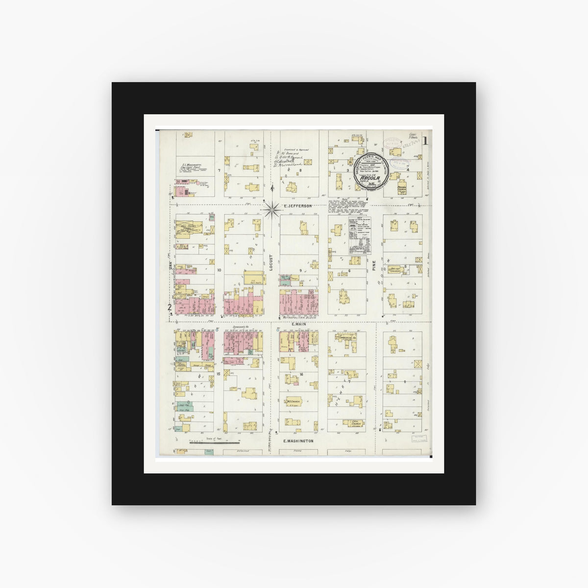 Old map wall art mockup — black gallery frame with white mat — Sanborn Fire Insurance Map from Arcola, Douglas County, Illinois (1897) - Complete Map Set