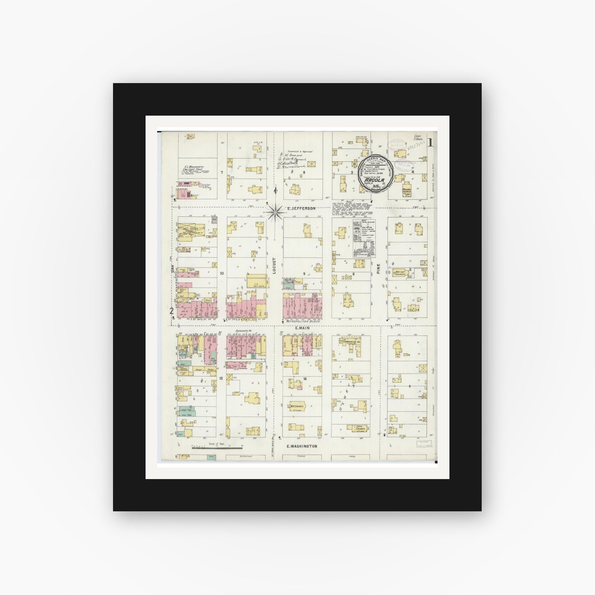Old map wall art mockup — black gallery frame with white mat — Sanborn Fire Insurance Map from Arcola, Douglas County, Illinois (1897) - Complete Map Set