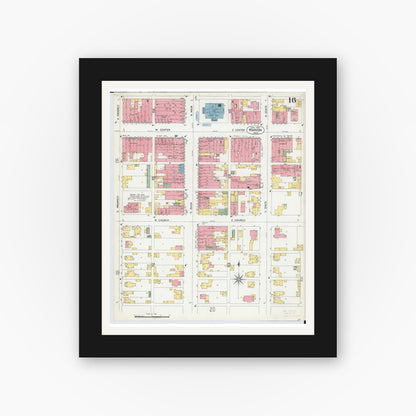 Old map wall art mockup — black gallery frame with white mat — Sanborn Fire Insurance Map from Marion, Marion County, Ohio (1900), Sheet #0016