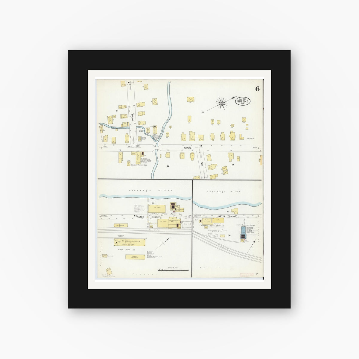 Old map wall art mockup — black gallery frame with white mat — Sanborn Fire Insurance Map from Greene, Chenango County, New York (1908), Sheet #0006