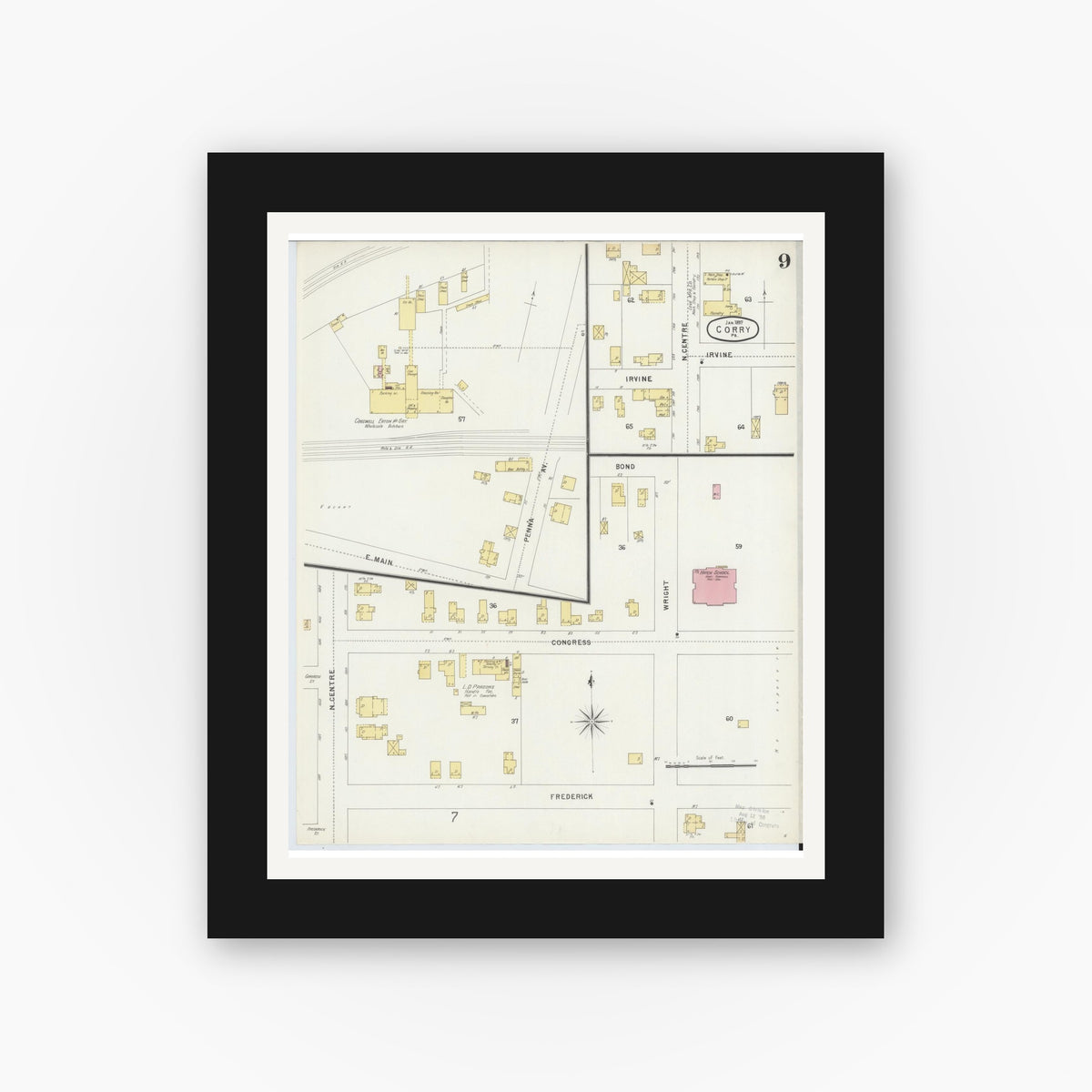Old map wall art mockup — black gallery frame with white mat — Sanborn Fire Insurance Map from Corry, Erie County, Pennsylvania (1897), Sheet #0009