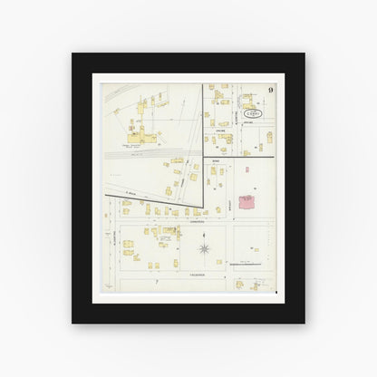 Old map wall art mockup — black gallery frame with white mat — Sanborn Fire Insurance Map from Corry, Erie County, Pennsylvania (1897), Sheet #0009