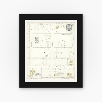 Old map wall art mockup — black gallery frame with white mat — Sanborn Fire Insurance Map from Fowler, Fresno County, California (1891) - Complete Map Set