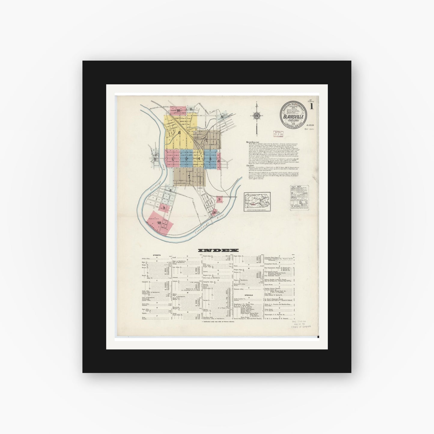 Old map wall art mockup — black gallery frame with white mat — Sanborn Fire Insurance Map from Blairsville, Indiana County, Pennsylvania (1915) - Complete Map Set