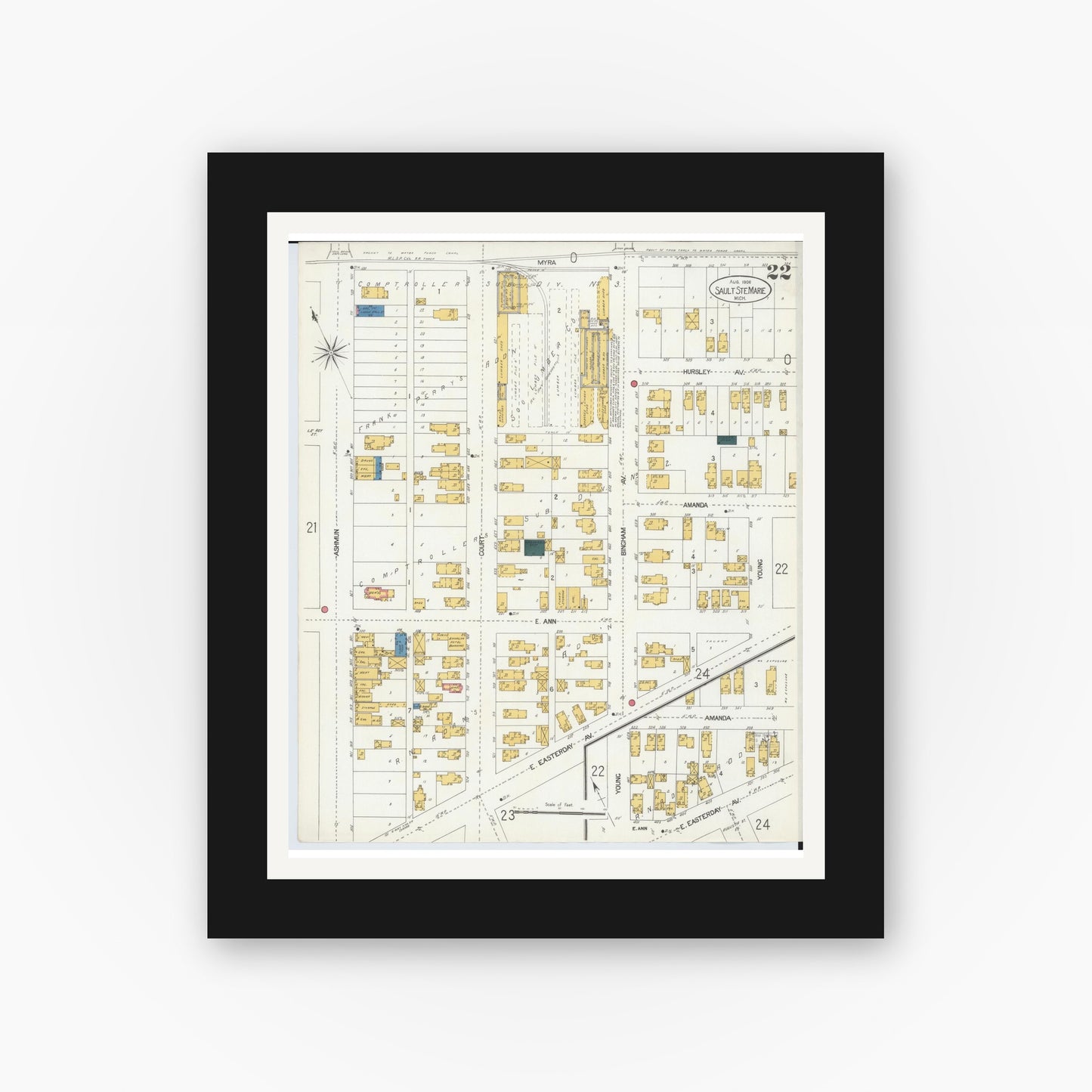 Old map wall art mockup — black gallery frame with white mat — Sanborn Fire Insurance Map from Sault Sainte Marie, Chippewa County, Michigan (1906), Sheet #0022