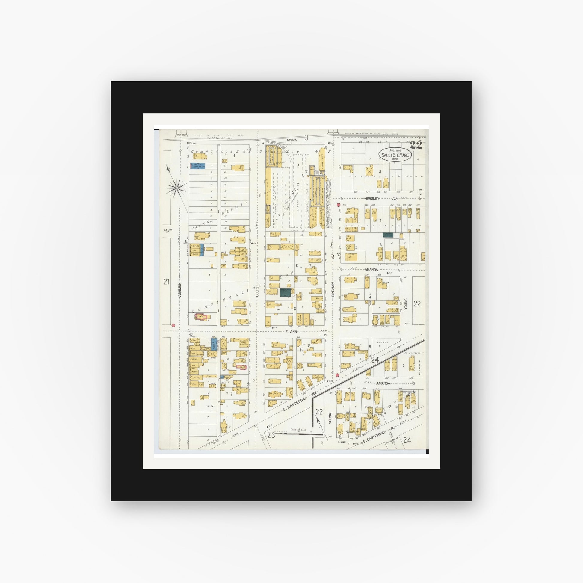 Old map wall art mockup — black gallery frame with white mat — Sanborn Fire Insurance Map from Sault Sainte Marie, Chippewa County, Michigan (1906), Sheet #0022