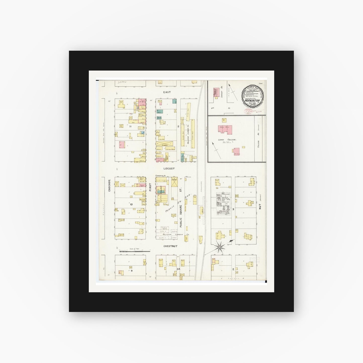 Old map wall art mockup — black gallery frame with white mat — Sanborn Fire Insurance Map from Hopkinton, Delaware County, Iowa (1895), Sheet #0001