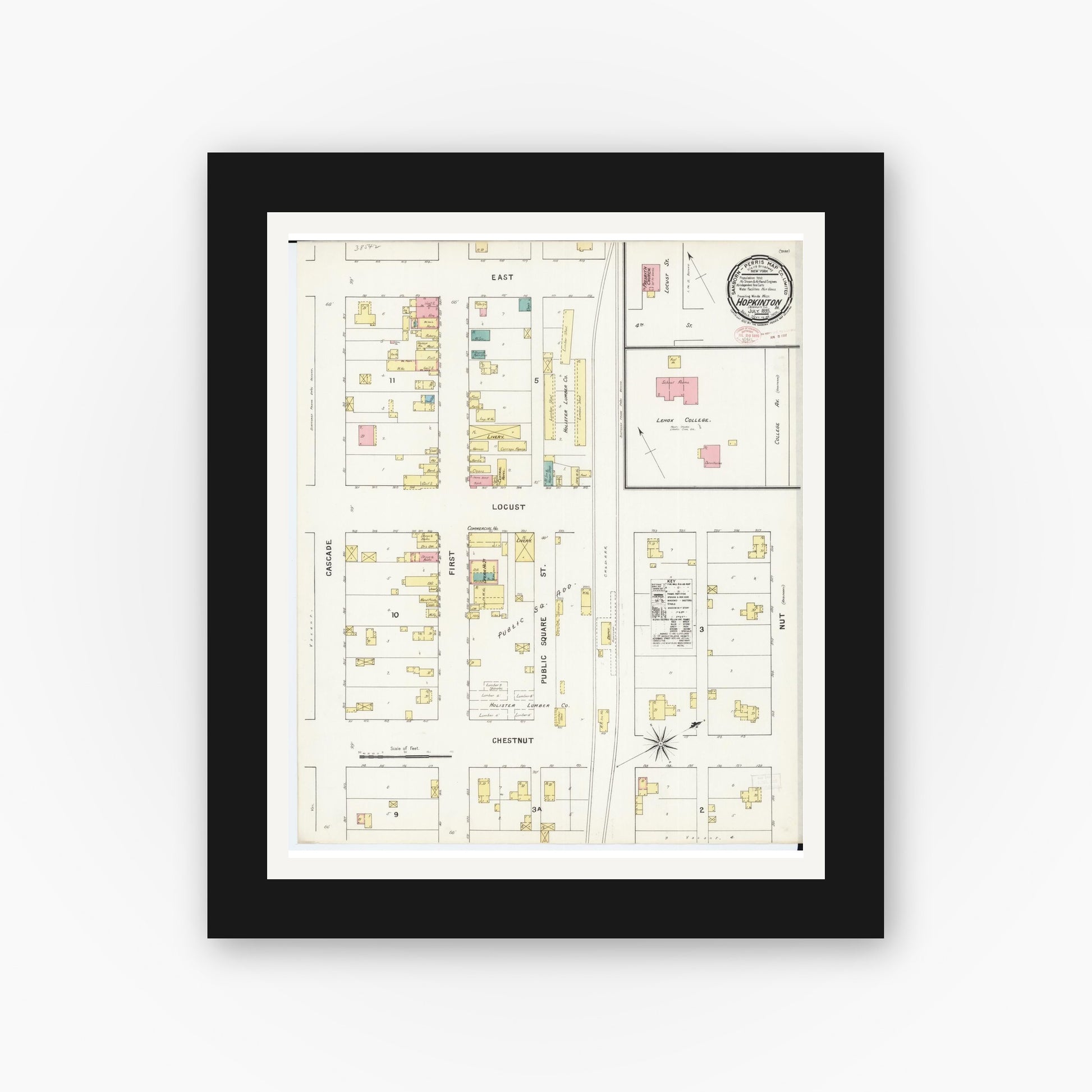 Old map wall art mockup — black gallery frame with white mat — Sanborn Fire Insurance Map from Hopkinton, Delaware County, Iowa (1895), Sheet #0001